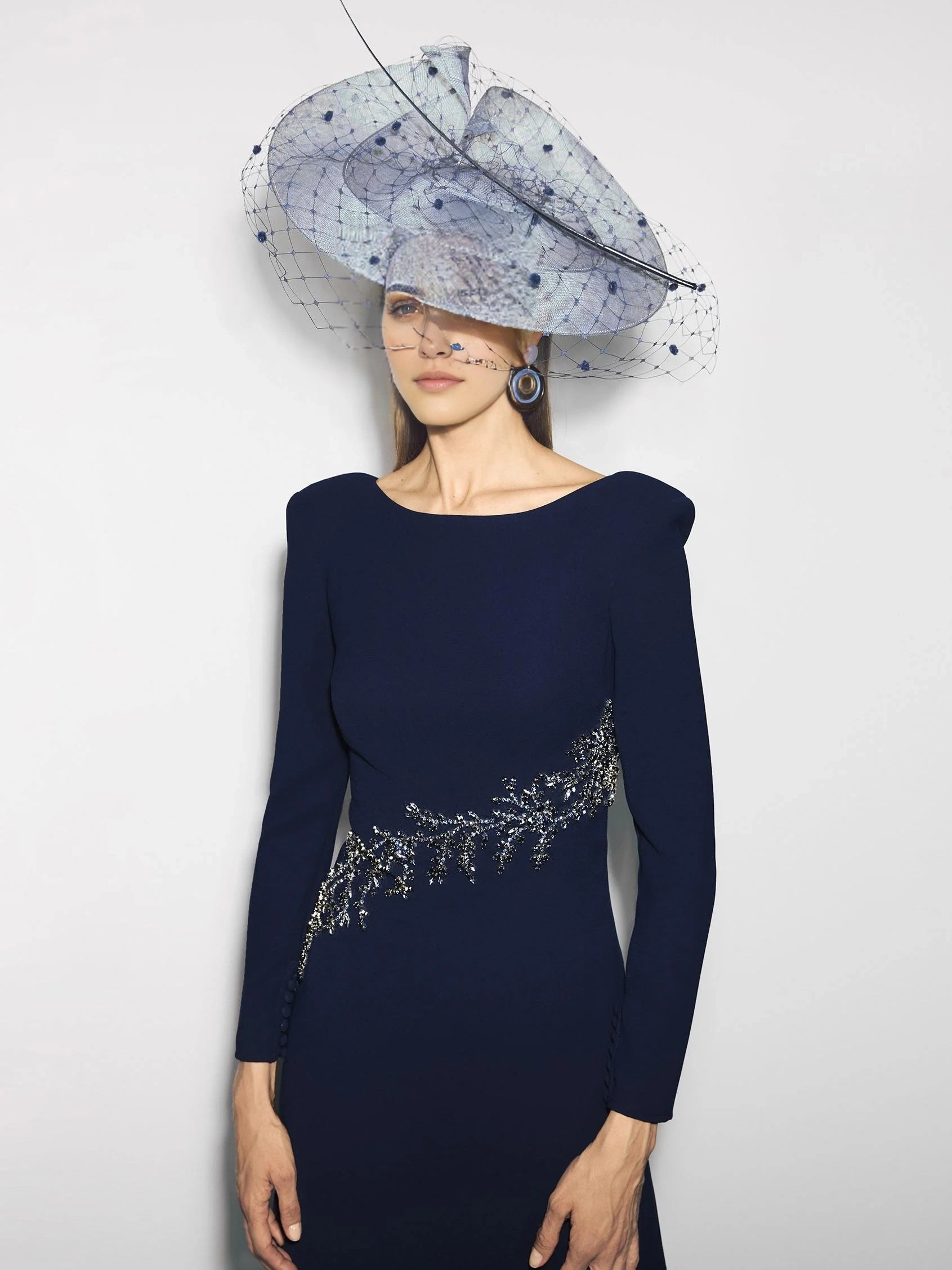 Navy Blue Beaded Long Sleeve Maxi Dress with Open Back Party dress with boat neckline and long sleeves in crepe Mother of the Bride Dresses