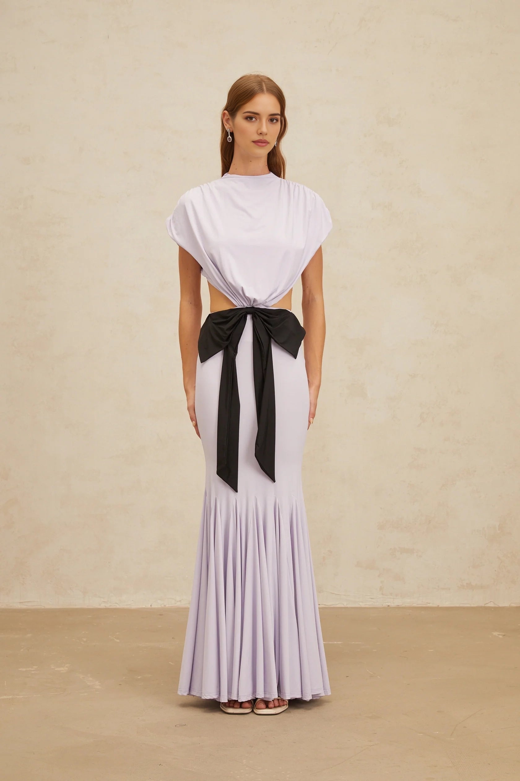 Lavender Cutout Maxi Dress with Black Bow Accent Manon Purple Bowknot Cut-Out Maxi Dress Evening Dress