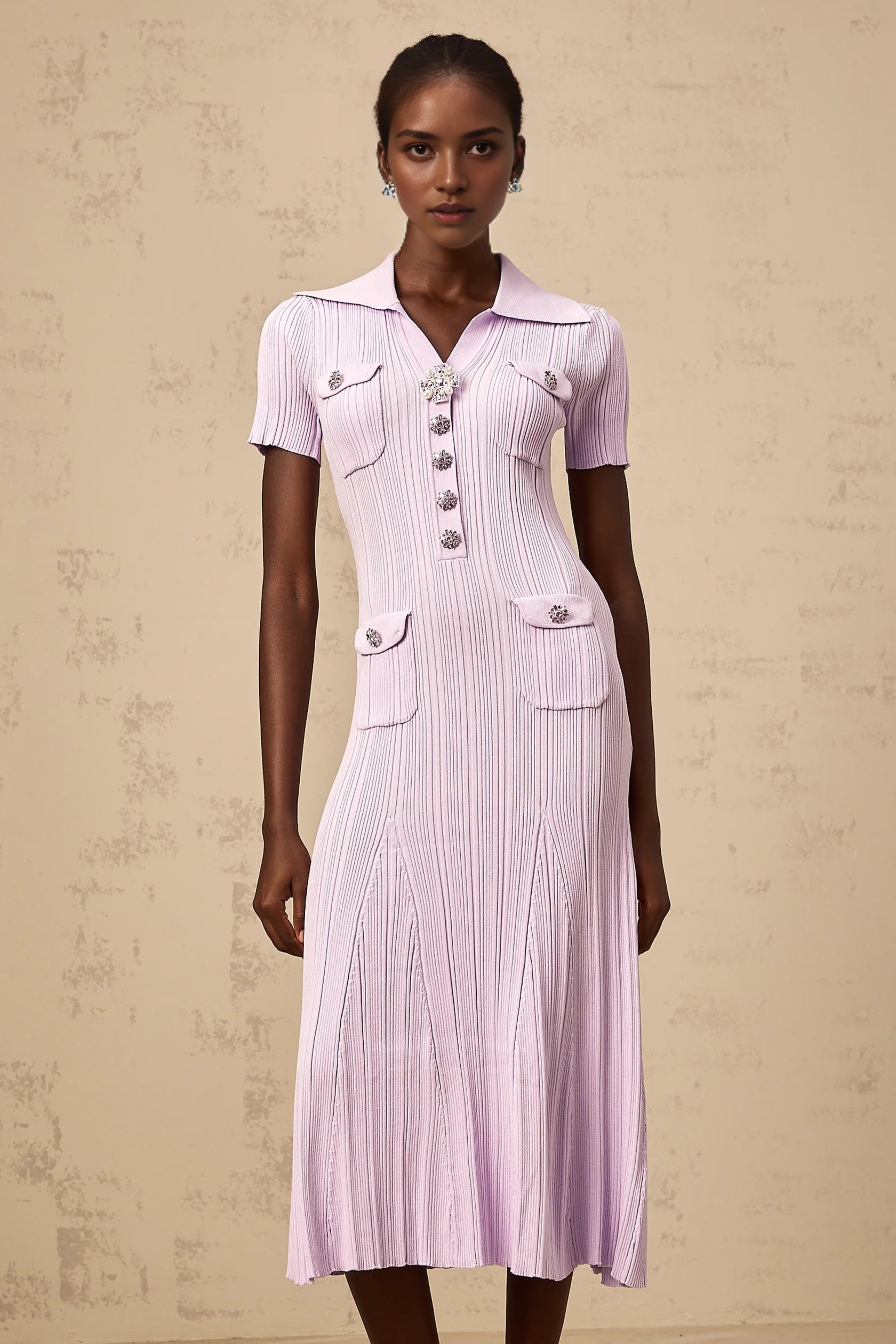 Lavender Ribbed Knit Midi Dress with Jewel Buttons purple flared-hem rib-knit midi dress Evening Dress