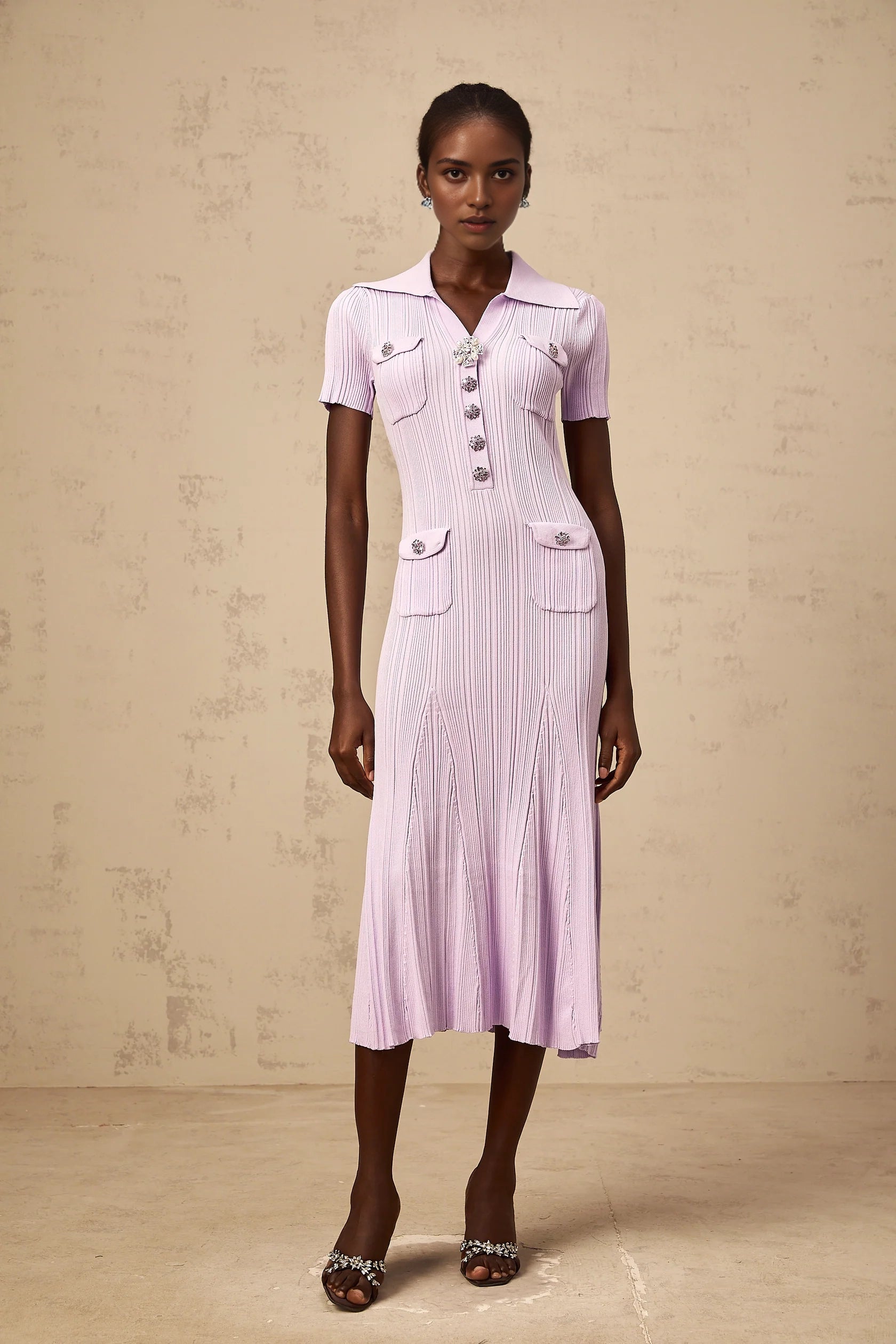 Lavender Ribbed Knit Midi Dress with Jewel Buttons purple flared-hem rib-knit midi dress Evening Dress