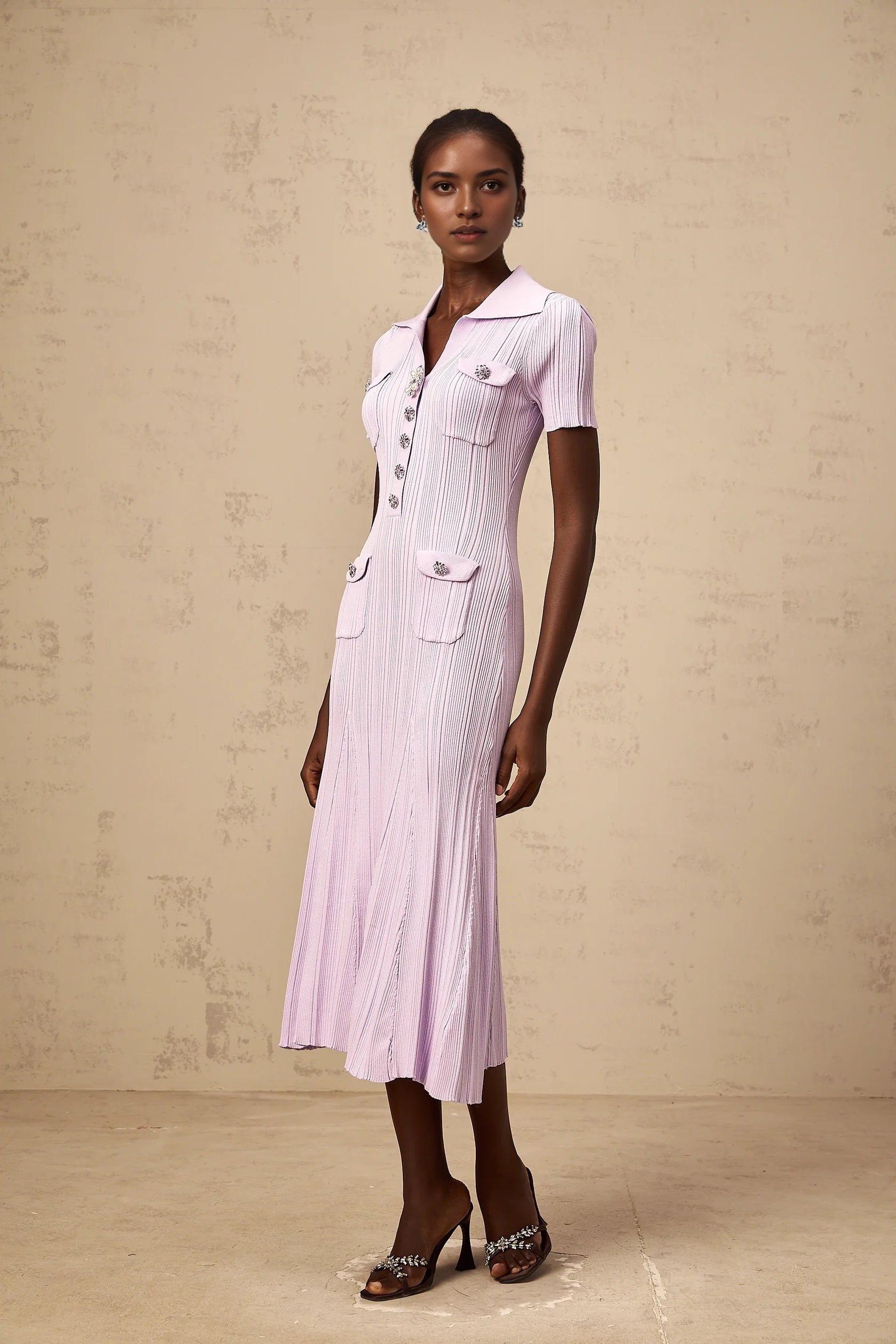 Lavender Ribbed Knit Midi Dress with Jewel Buttons purple flared-hem rib-knit midi dress Evening Dress