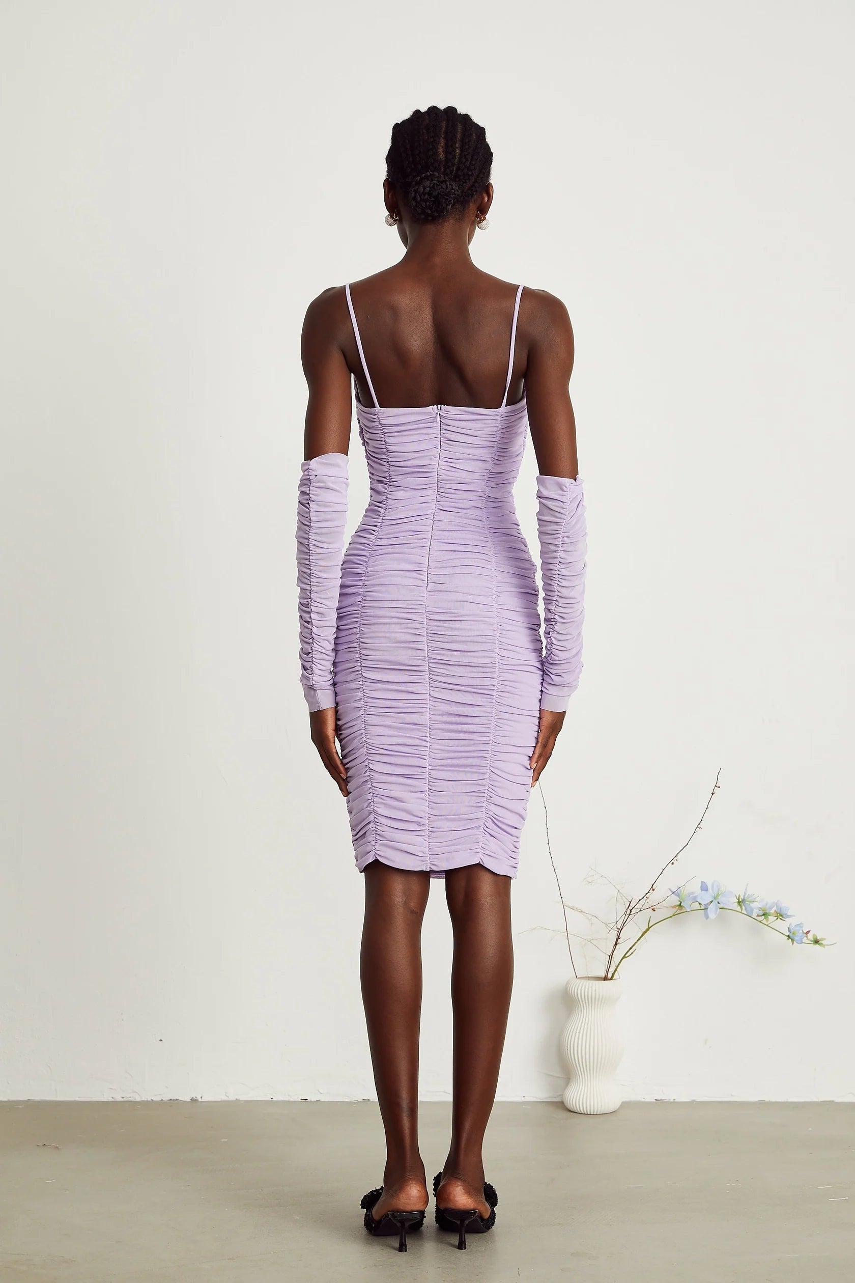 Lavender Ruched Cutout Midi Dress with Floral Accent and Sleeves Annabelle purple faux-flower ruched midi dress Evening Dress