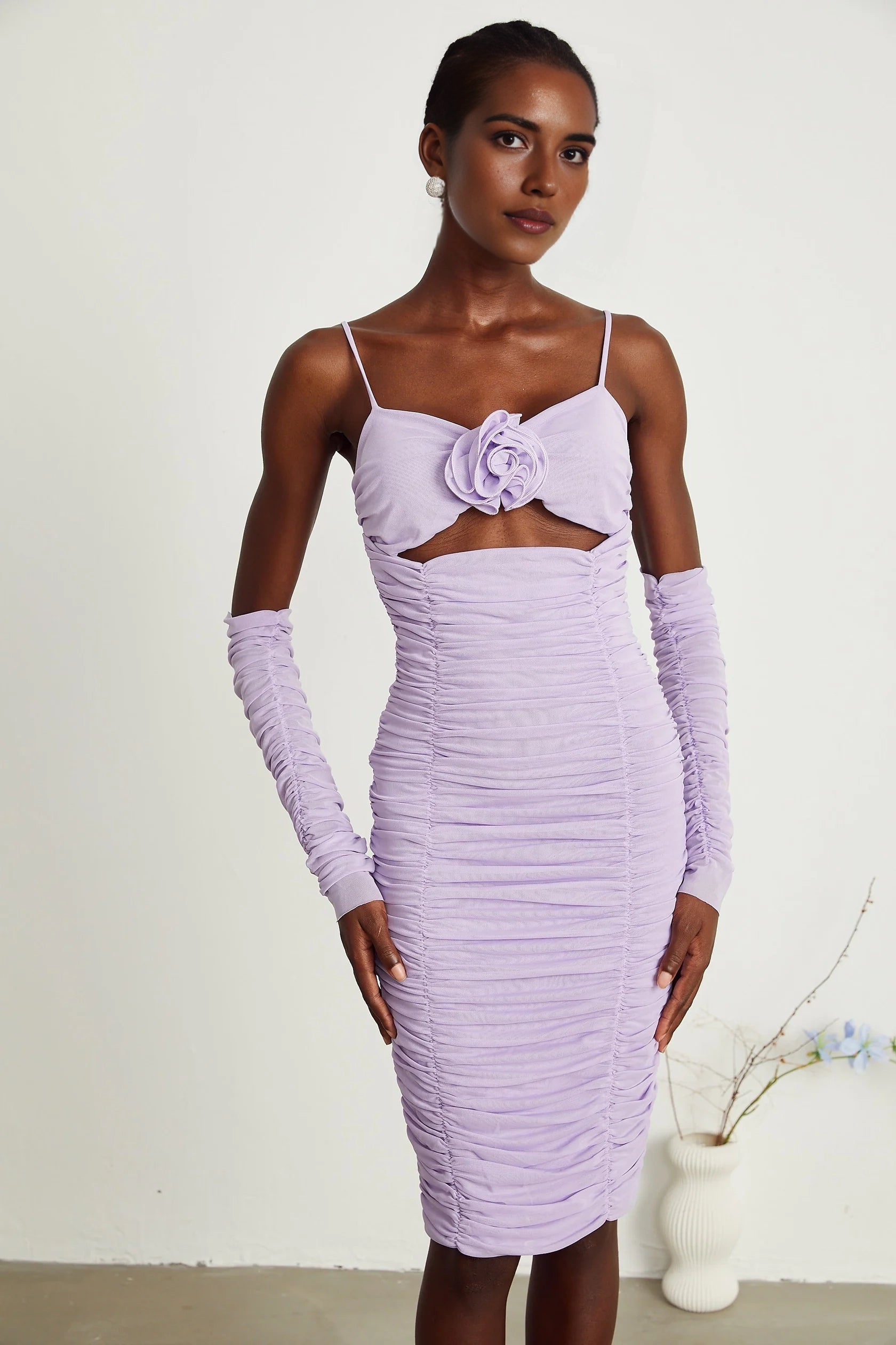 Lavender Ruched Cutout Midi Dress with Floral Accent and Sleeves Annabelle purple faux-flower ruched midi dress Evening Dress