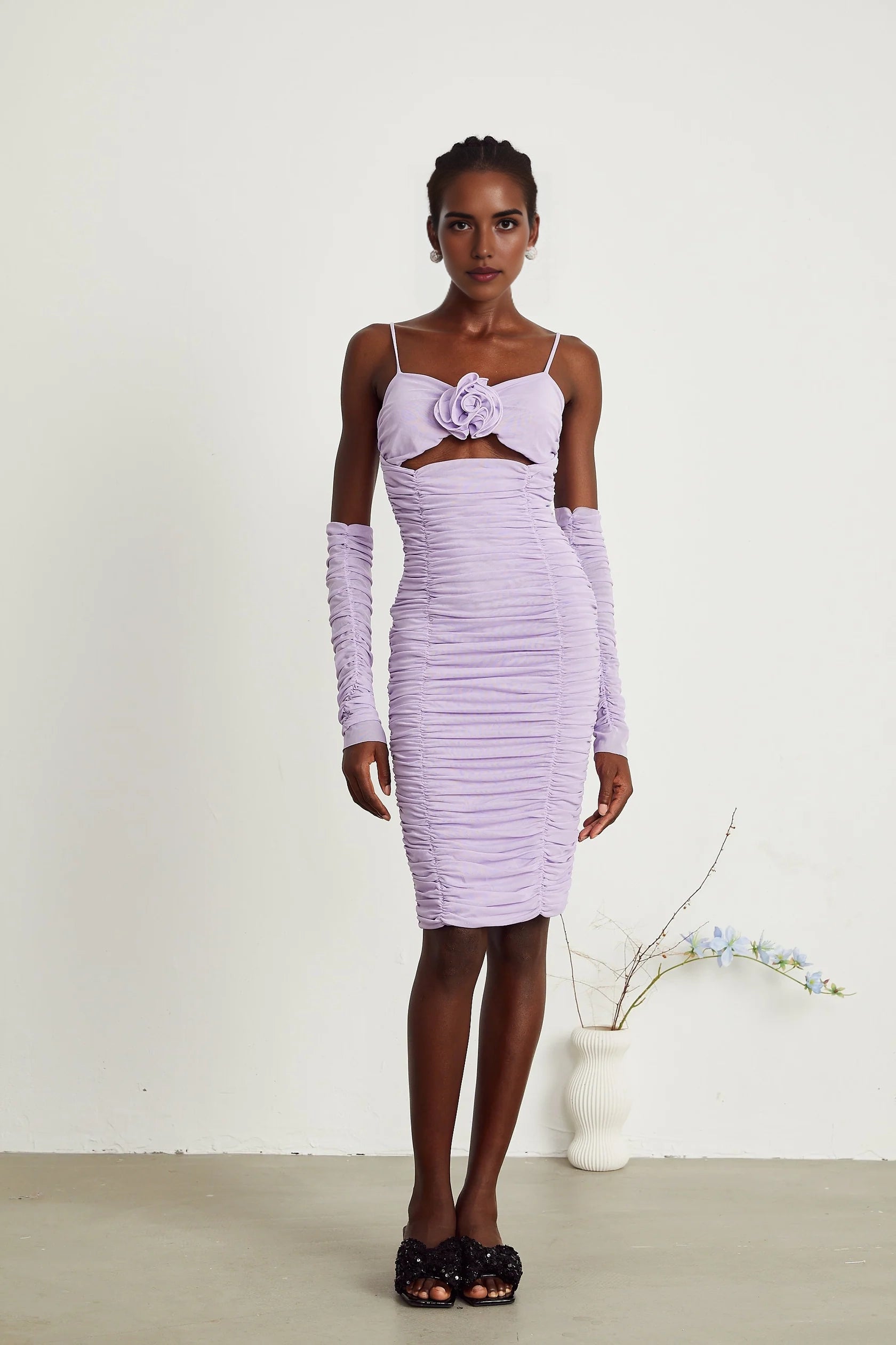 Lavender Ruched Cutout Midi Dress with Floral Accent and Sleeves Annabelle purple faux-flower ruched midi dress Evening Dress