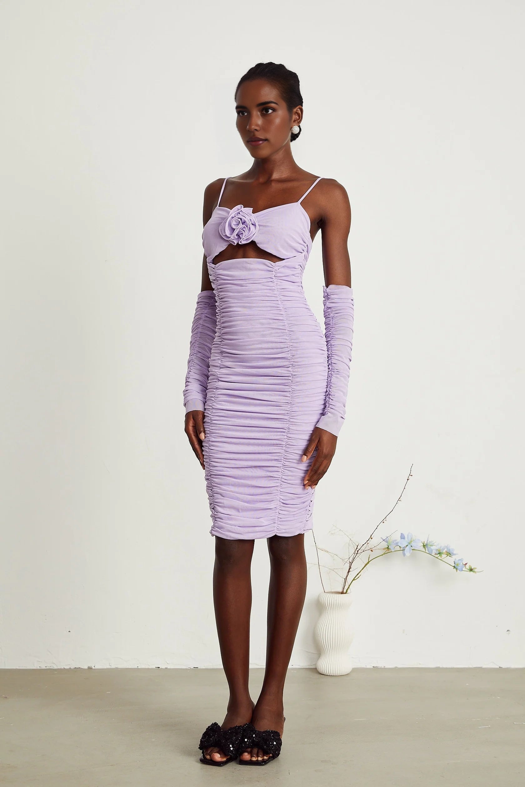 Lavender Ruched Cutout Midi Dress with Floral Accent and Sleeves Annabelle purple faux-flower ruched midi dress Evening Dress