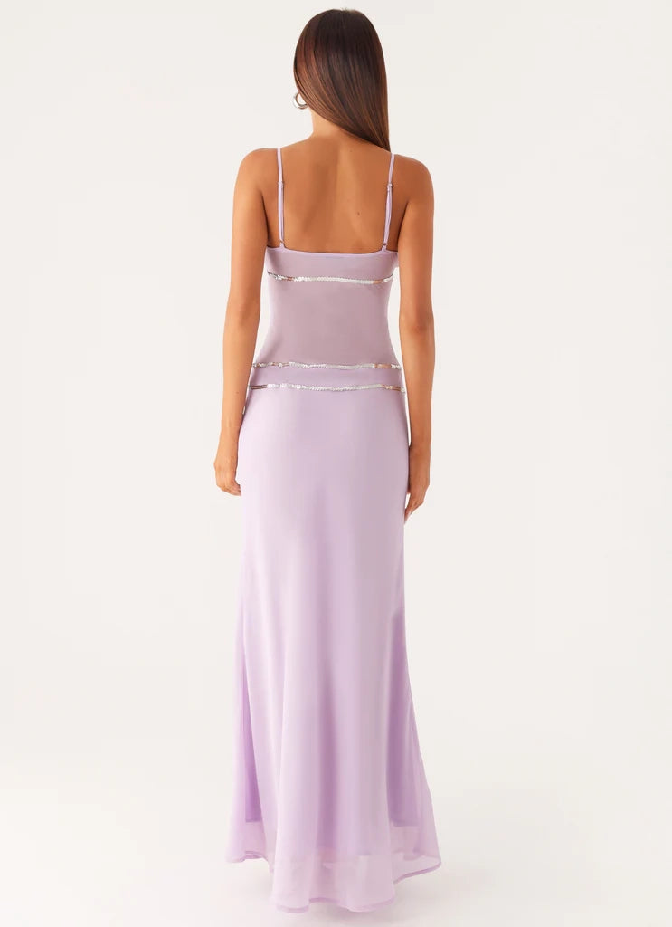 Lavender Spaghetti Strap Maxi Dress with Metallic Trim Sheer bodice  Bridesmaid Dresses