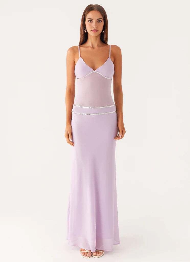 Lavender Spaghetti Strap Maxi Dress with Metallic Trim Sheer bodice  Bridesmaid Dresses