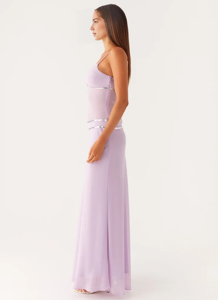 Lavender Spaghetti Strap Maxi Dress with Metallic Trim Sheer bodice  Bridesmaid Dresses