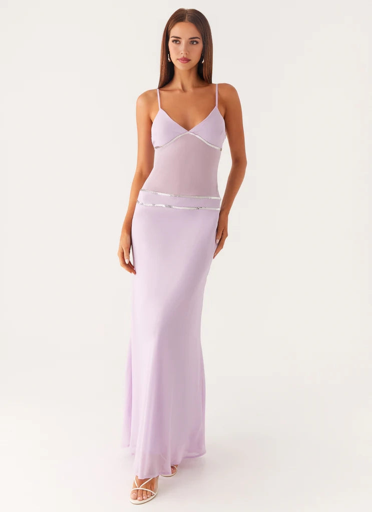 Lavender Spaghetti Strap Maxi Dress with Metallic Trim Sheer bodice  Bridesmaid Dresses