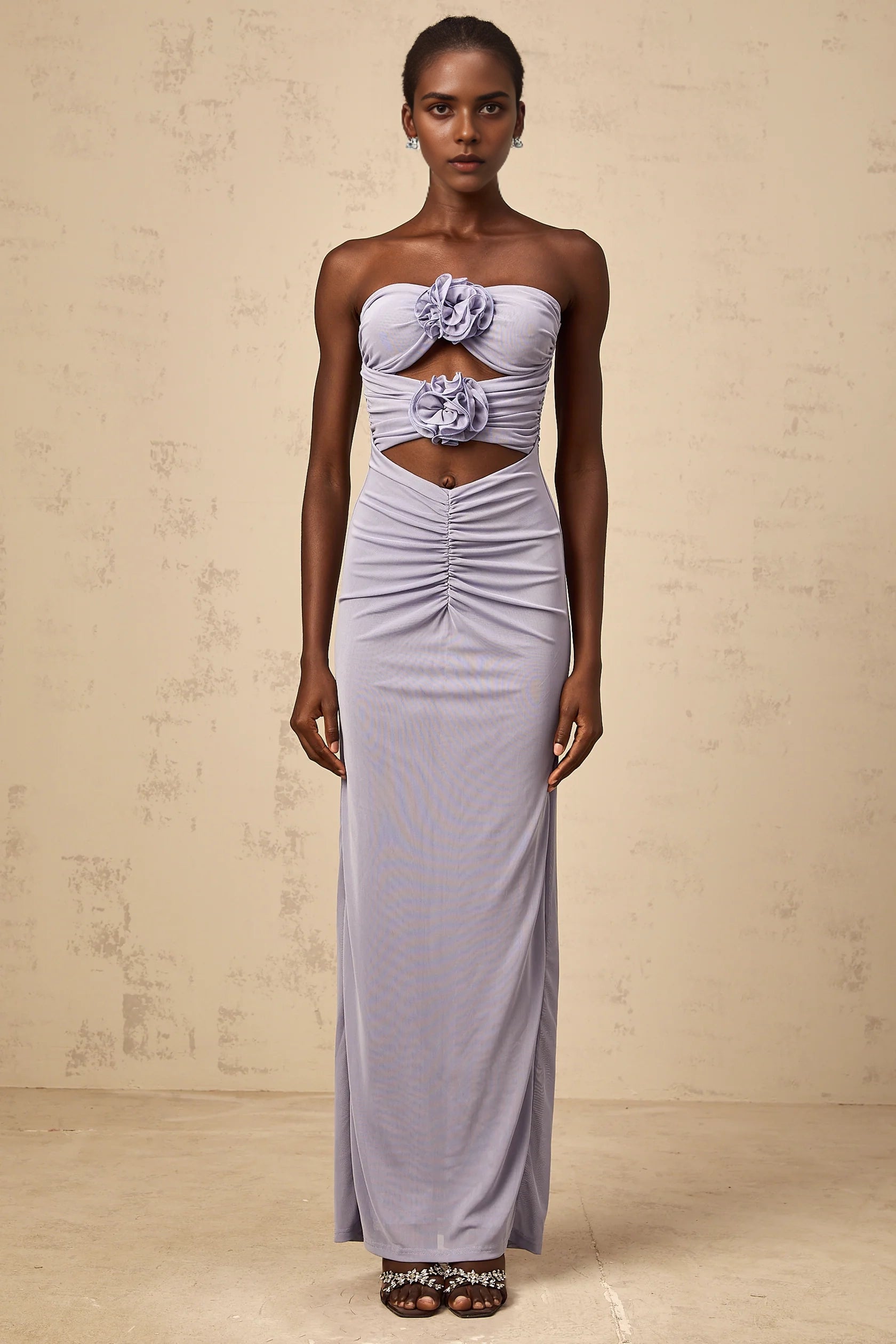 Lavender Strapless Cutout Maxi Dress with Floral Accents lavender 3D-petal ruched corset maxi dress Evening Dress