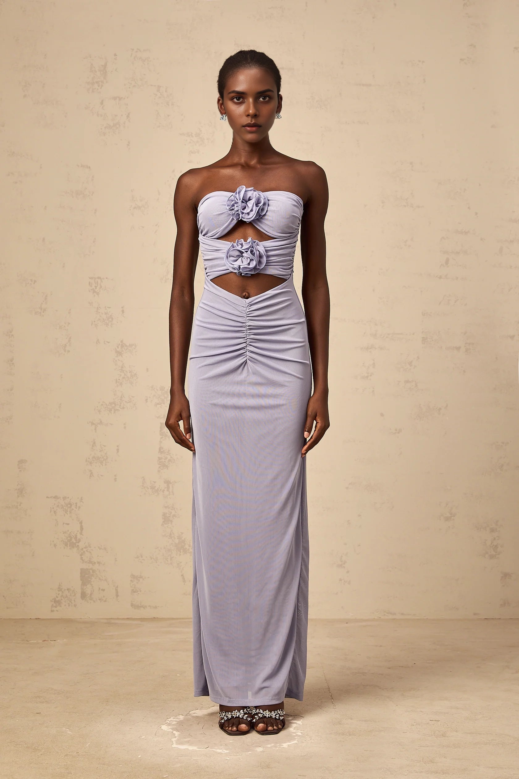 Lavender Strapless Cutout Maxi Dress with Floral Accents lavender 3D-petal ruched corset maxi dress Evening Dress