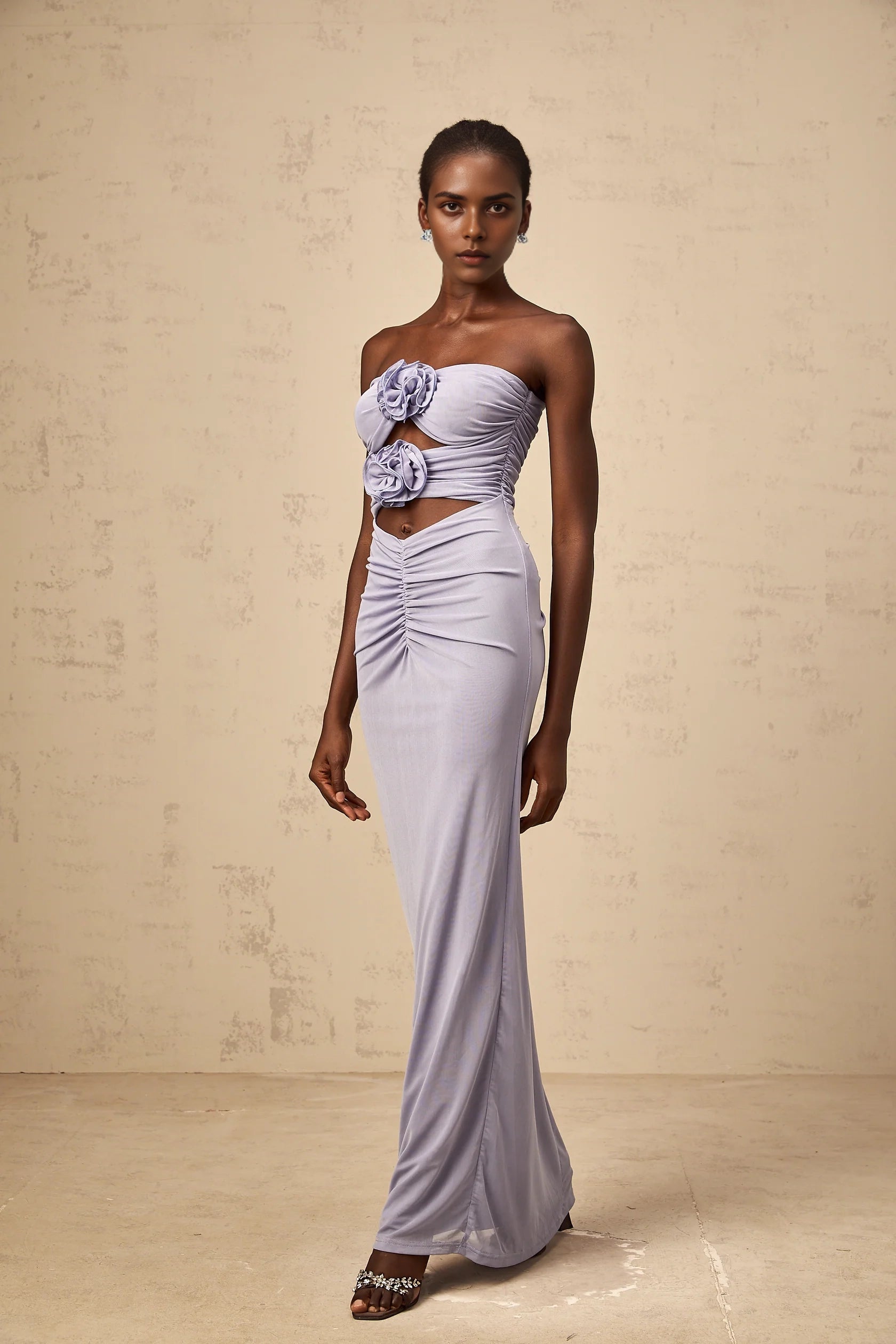 Lavender Strapless Cutout Maxi Dress with Floral Accents lavender 3D-petal ruched corset maxi dress Evening Dress