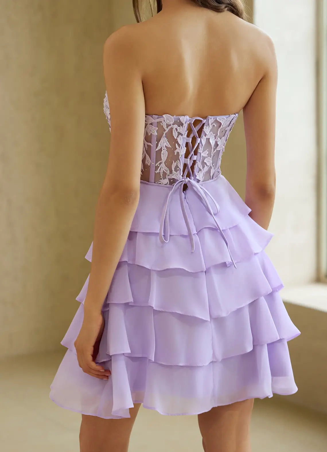 Lavender Strapless Tiered Mini Dress with Lace Detail Crinelle Purple Mini Dress Homecoming Dresses