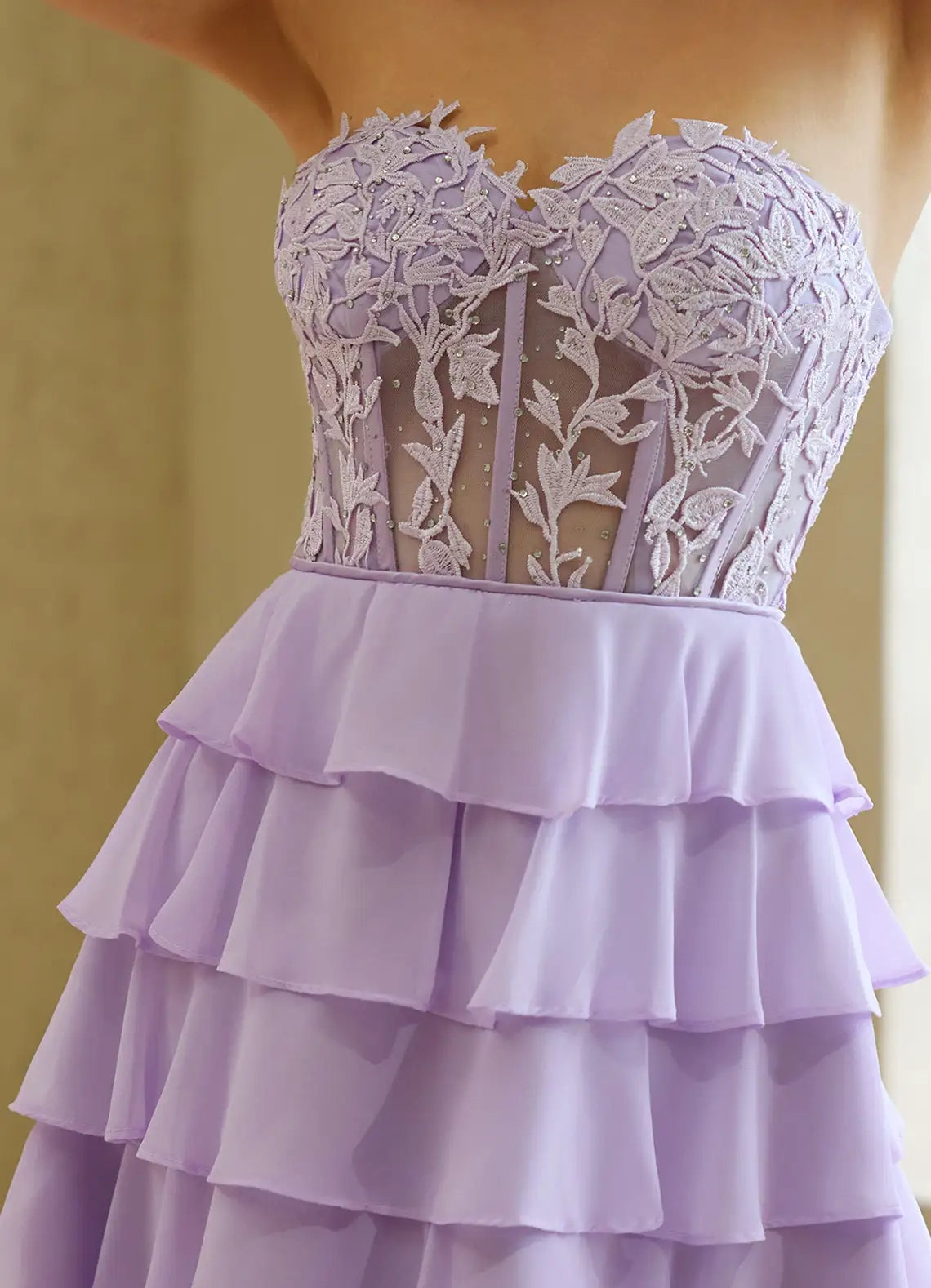 Lavender Strapless Tiered Mini Dress with Lace Detail Crinelle Purple Mini Dress Homecoming Dresses