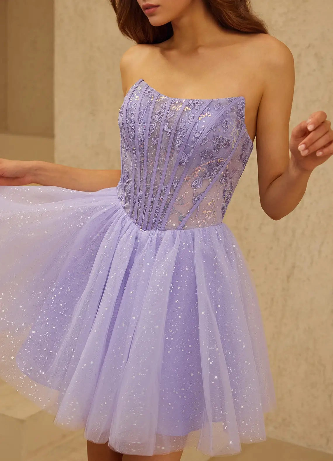 Lavender Strapless Tulle Mini Dress with Lace - Up Back Florisse Purple Mini Dress Homecoming Dresses