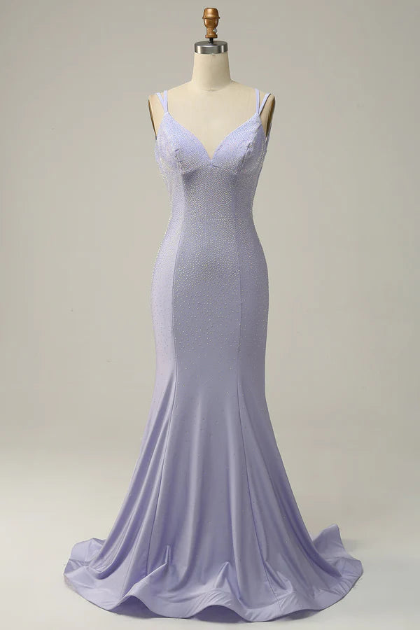 Lavender Mermaid Beading Sparkly Prom Dress Simple gentle atmospheric and unique design