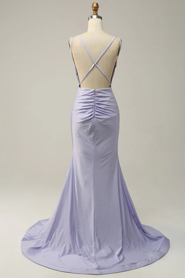 Lavender Mermaid Beading Sparkly Prom Dress Simple gentle atmospheric and unique design