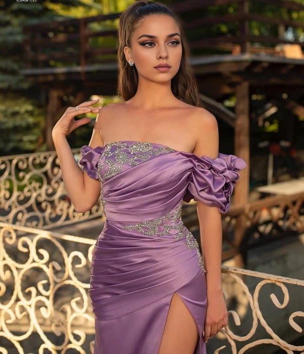 Lavender Off-the-Shoulder Prom Dress Slit Long Simple gentle atmospheric and unique design
