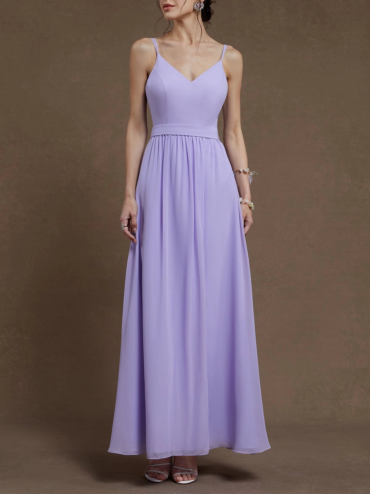 Lavender Purple Chiffon Spaghetti Gallus A-Line Gown Bridesmaid Dress simple gentle atmospheric and unique desi Bring summer colors to enhance whiteness