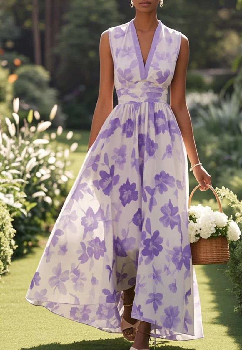 Lavender Purple Floral Chiffon V Neck Sleeveless A-Line Maxi Dress simple gentle atmospheric and unique desi Bring summer colors to enhance whiteness ﻿