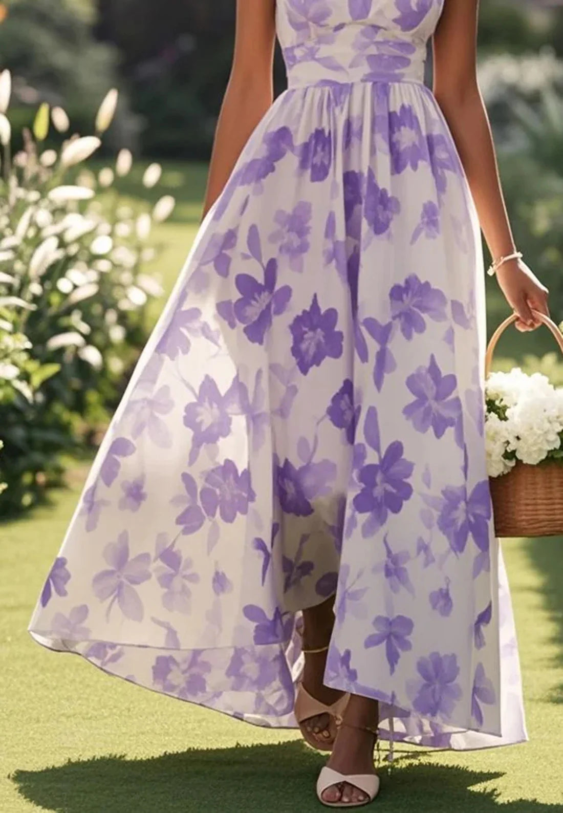 Lavender Purple Floral Chiffon V Neck Sleeveless A-Line Maxi Dress simple gentle atmospheric and unique desi Bring summer colors to enhance whiteness ﻿