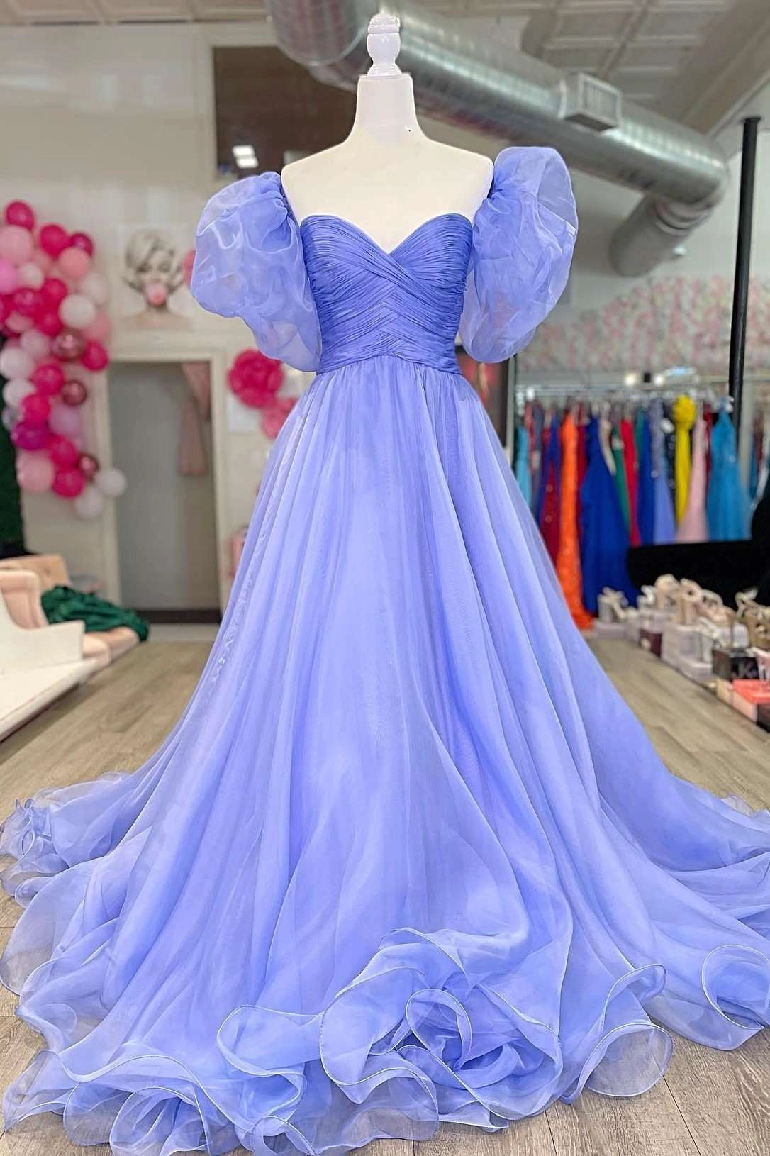 Lavender Strapless A-Line Organza Court Train Prom Dress with Puff Sleeves simple gentle atmospheric and unique desi Bring summer colors to enhance whiteness