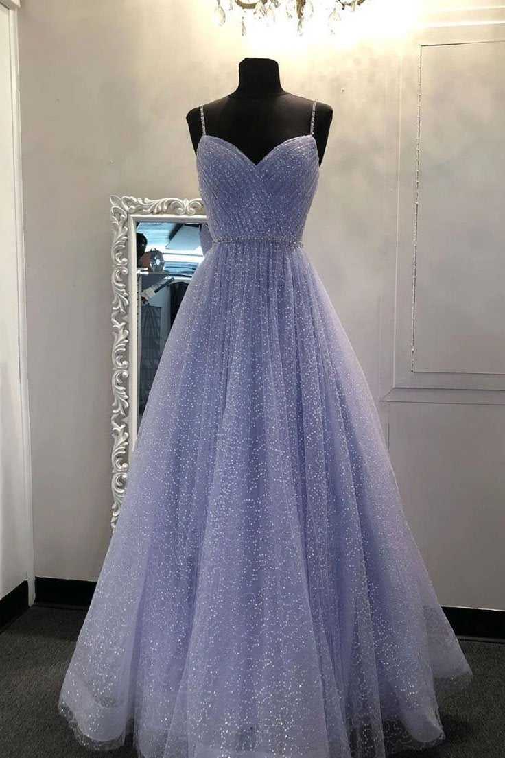 Lavender Straps Sleeveless Sparkly Floor Length Prom Dress, A Line Cheap Evening Dress simple gentle atmospheric and unique desi Bring summer colors to enhance whiteness