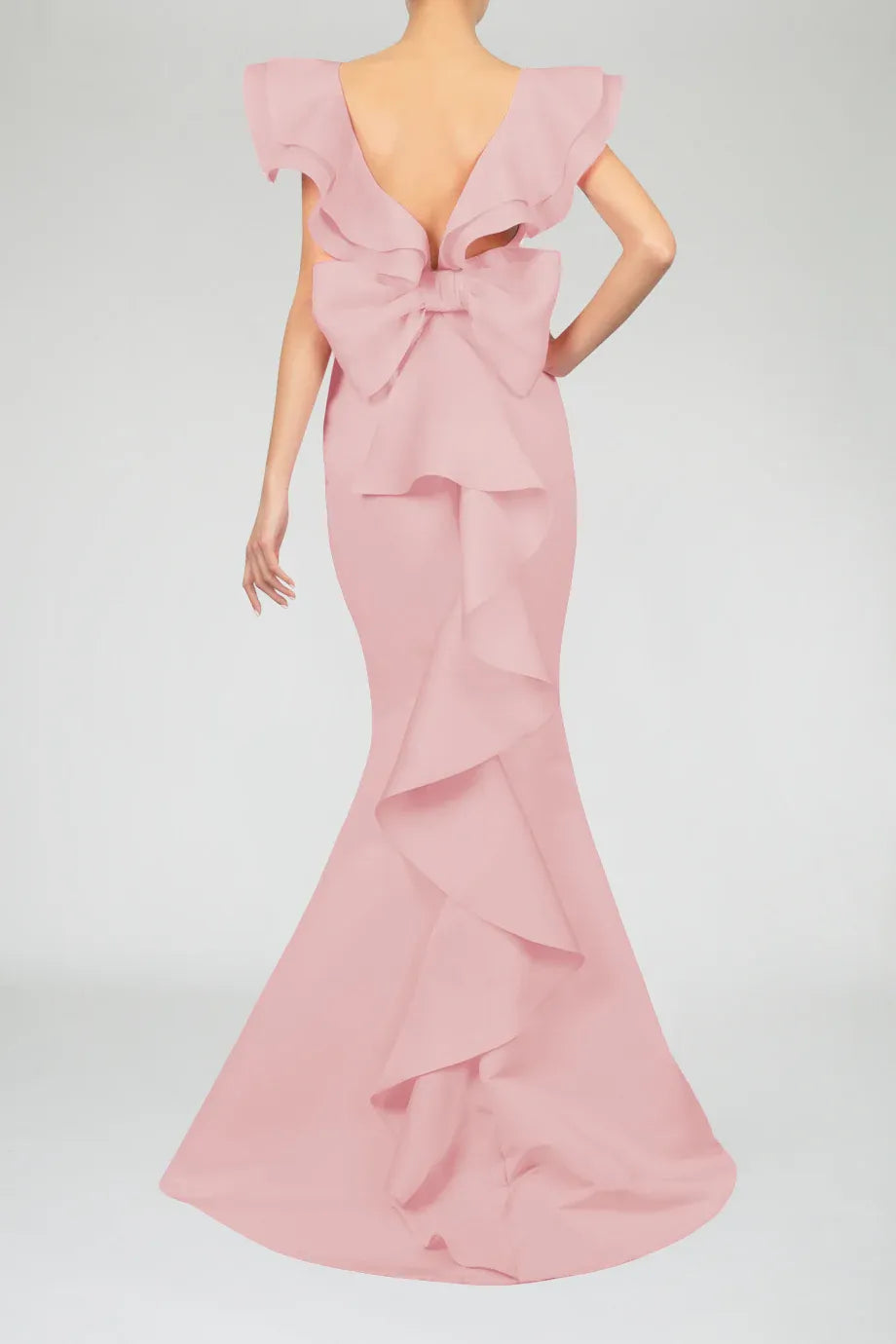 Layered Mermaid Square Neck Ruffled Sleeve Bow Back Floor Length For Ladies Evening Dress ﻿