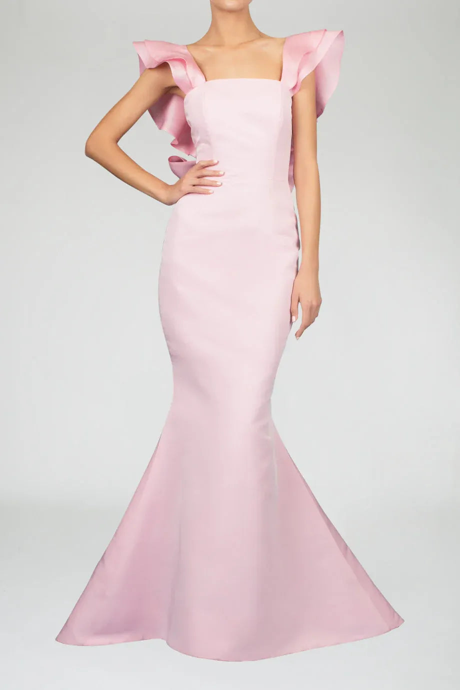 Layered Mermaid Square Neck Ruffled Sleeve Bow Back Floor Length For Ladies Evening Dress ﻿