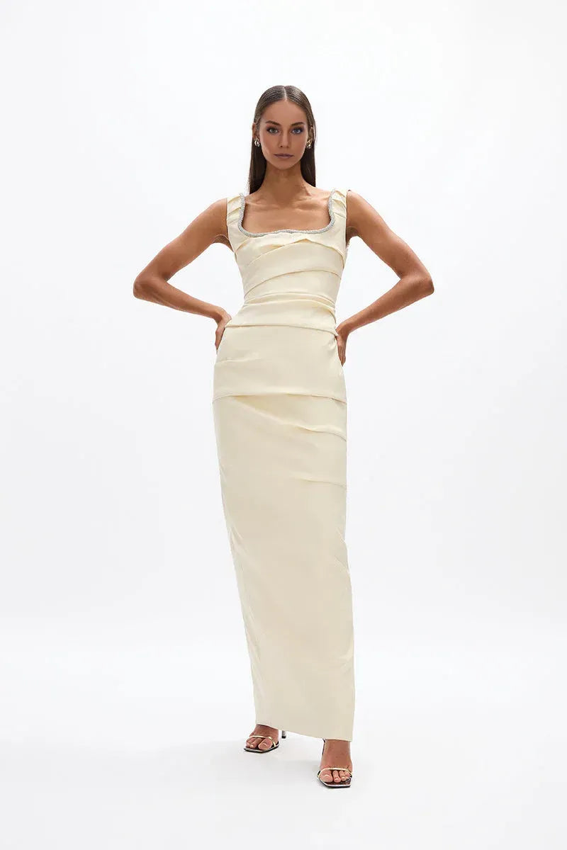 Layered Sheath Square Neck Sleeveless V Back High Slit Floor Length Hot sale Prom Dress