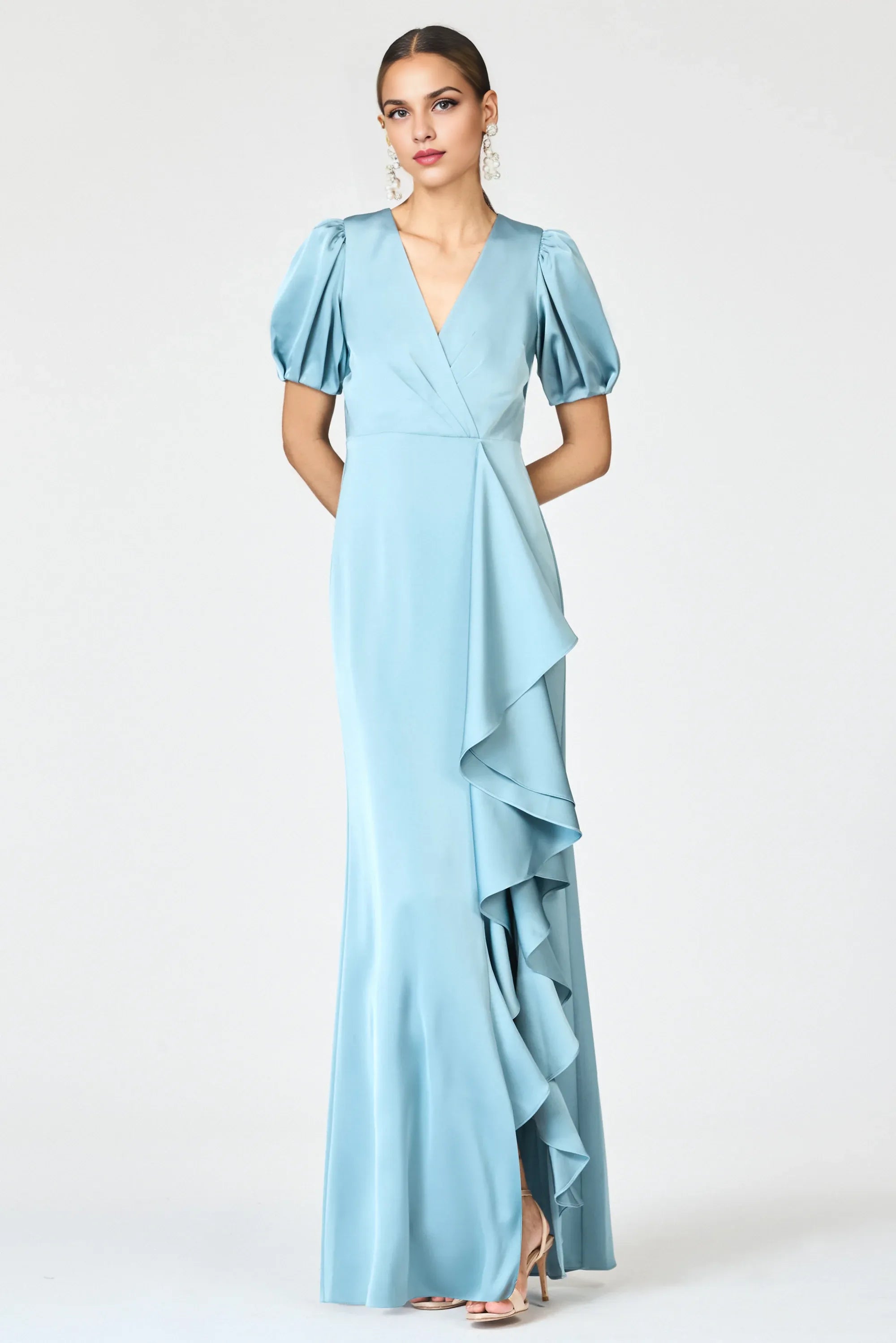 Layered Sheath V Neck Puff Sleeve Zipper Back Floor Length Female Evening Dress