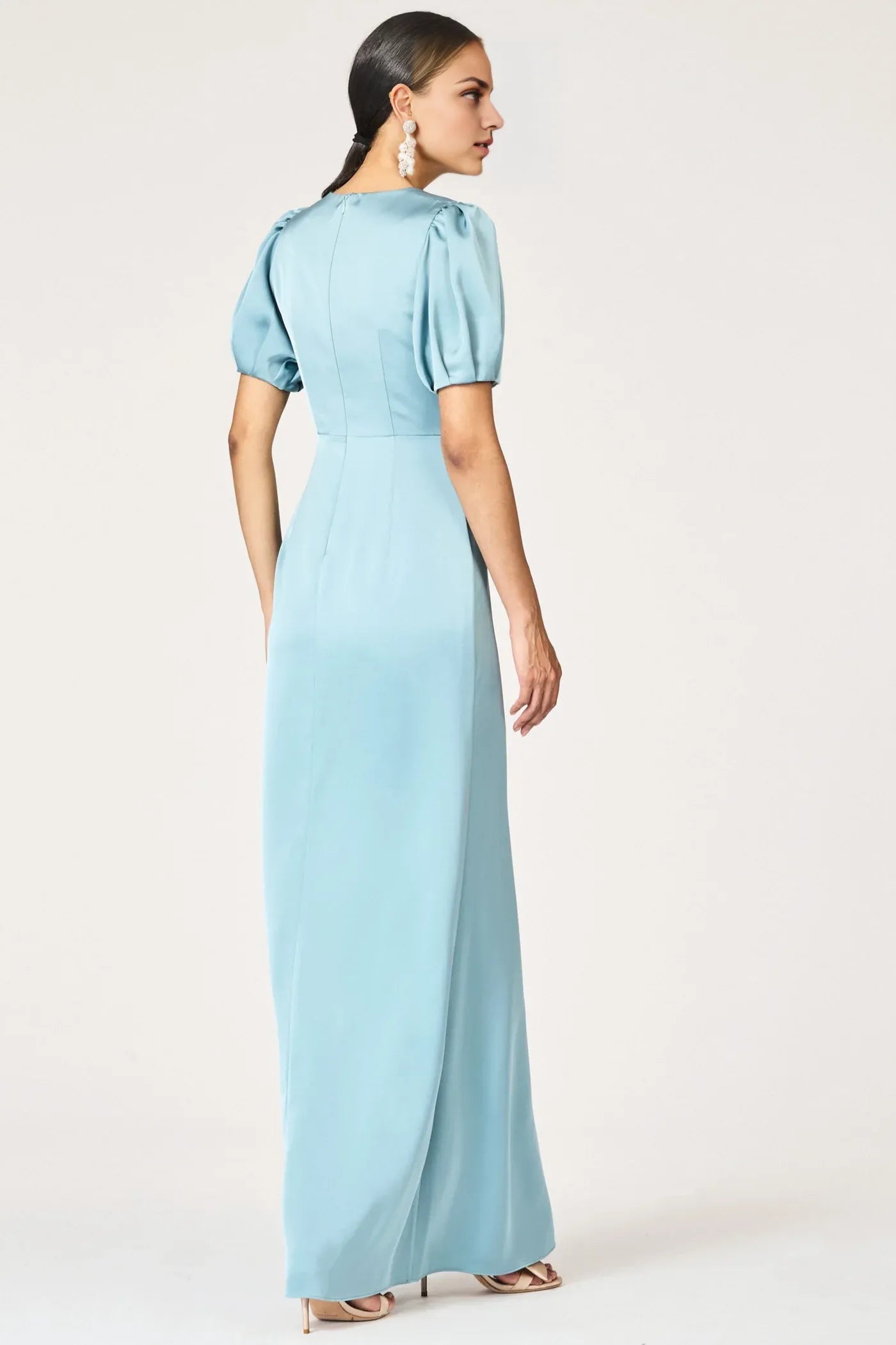 Layered Sheath V Neck Puff Sleeve Zipper Back Floor Length Female Evening Dress