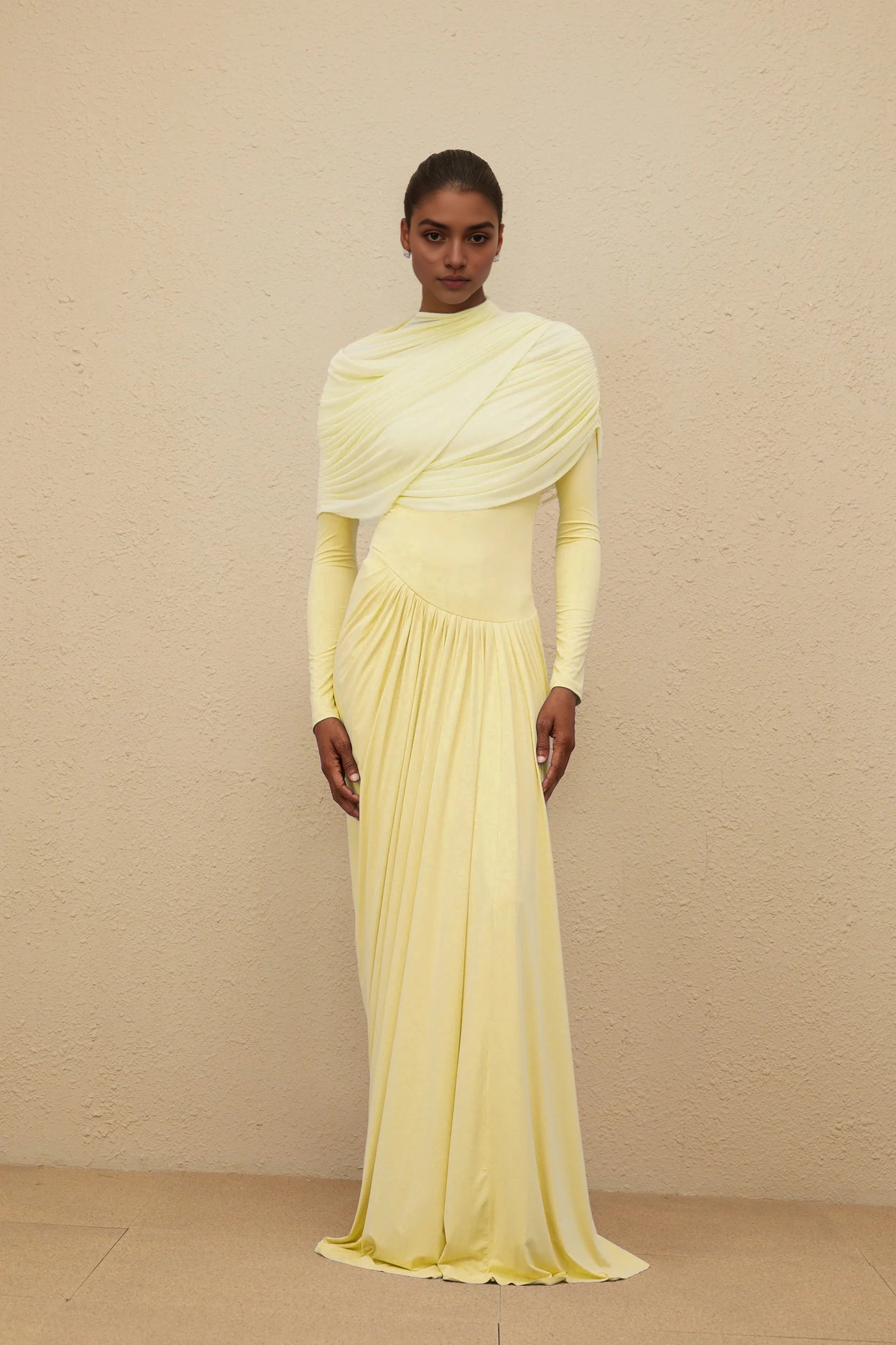 Lemon Yellow Draped Long Sleeve Maxi Dress Catherine Yellow Asymmetrical Pleated Long-Sleeve Maxi Dress Evening Dress
