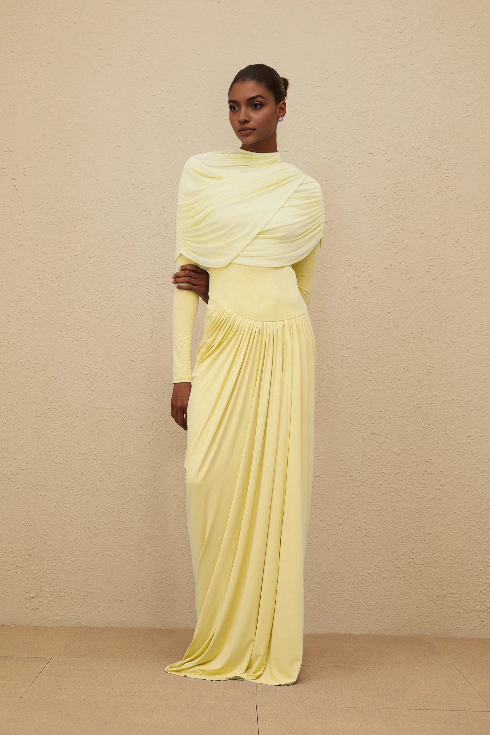 Lemon Yellow Draped Long Sleeve Maxi Dress Catherine Yellow Asymmetrical Pleated Long-Sleeve Maxi Dress Evening Dress