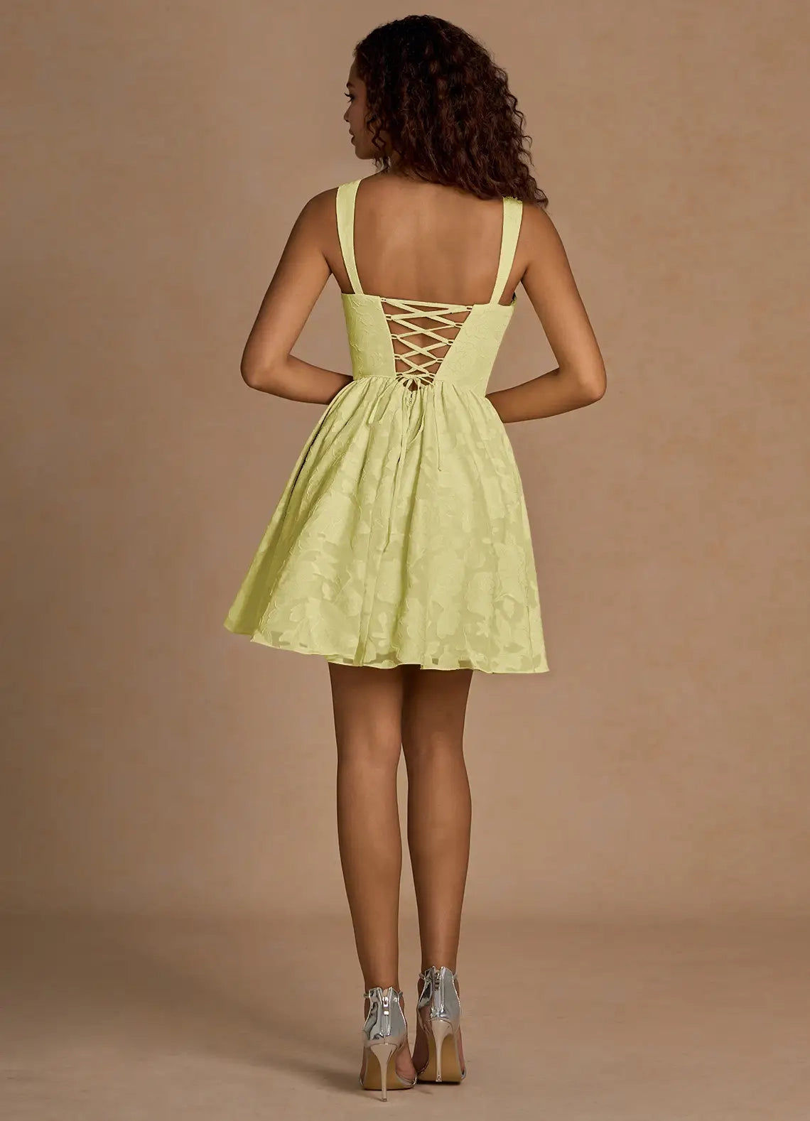 Lemon Yellow Jacquard Mini Dress with Lace - Up Back Ivy Lemon Sorbet Mini Dress Homecoming Dresses