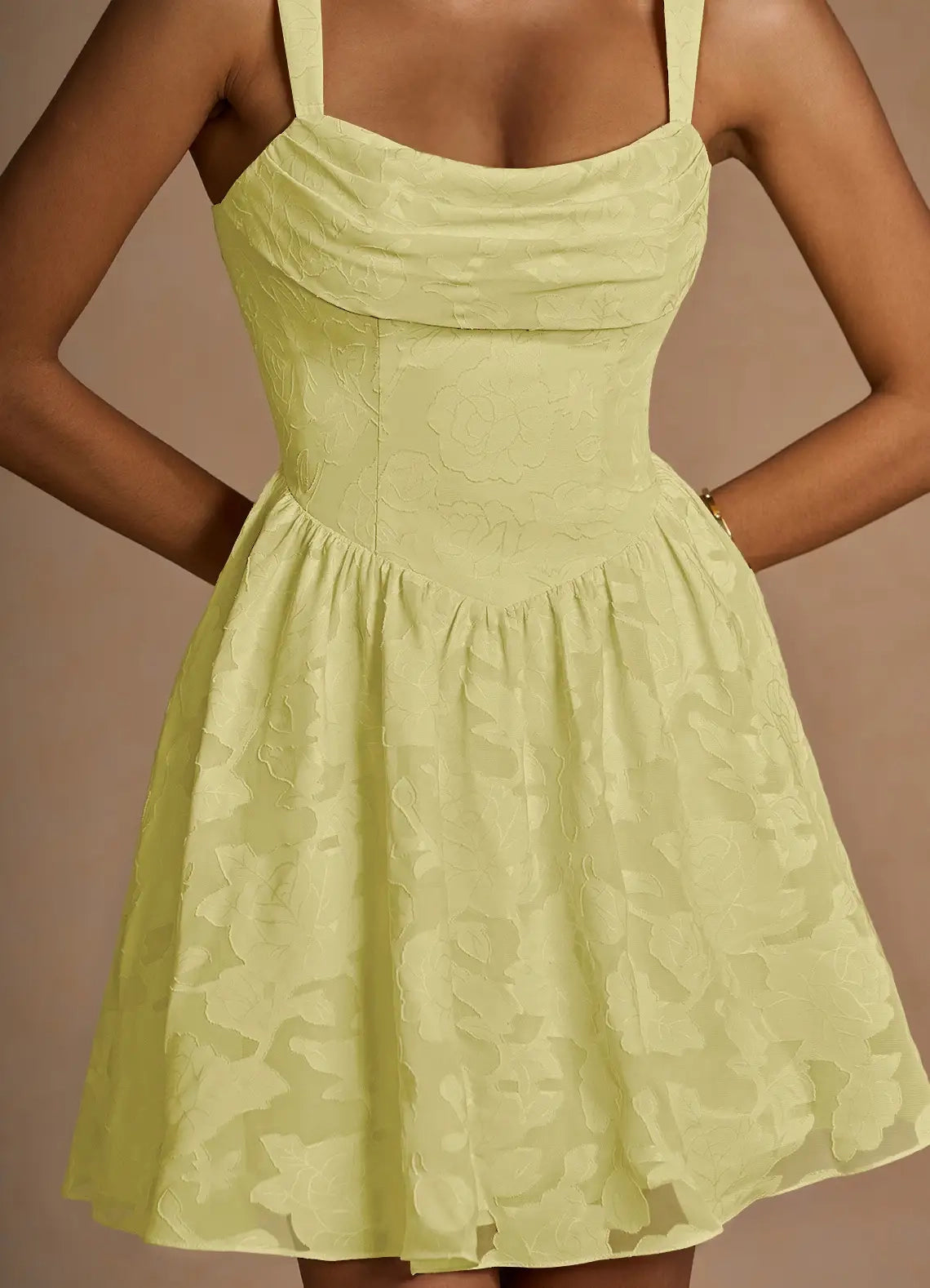 Lemon Yellow Jacquard Mini Dress with Lace - Up Back Ivy Lemon Sorbet Mini Dress Homecoming Dresses