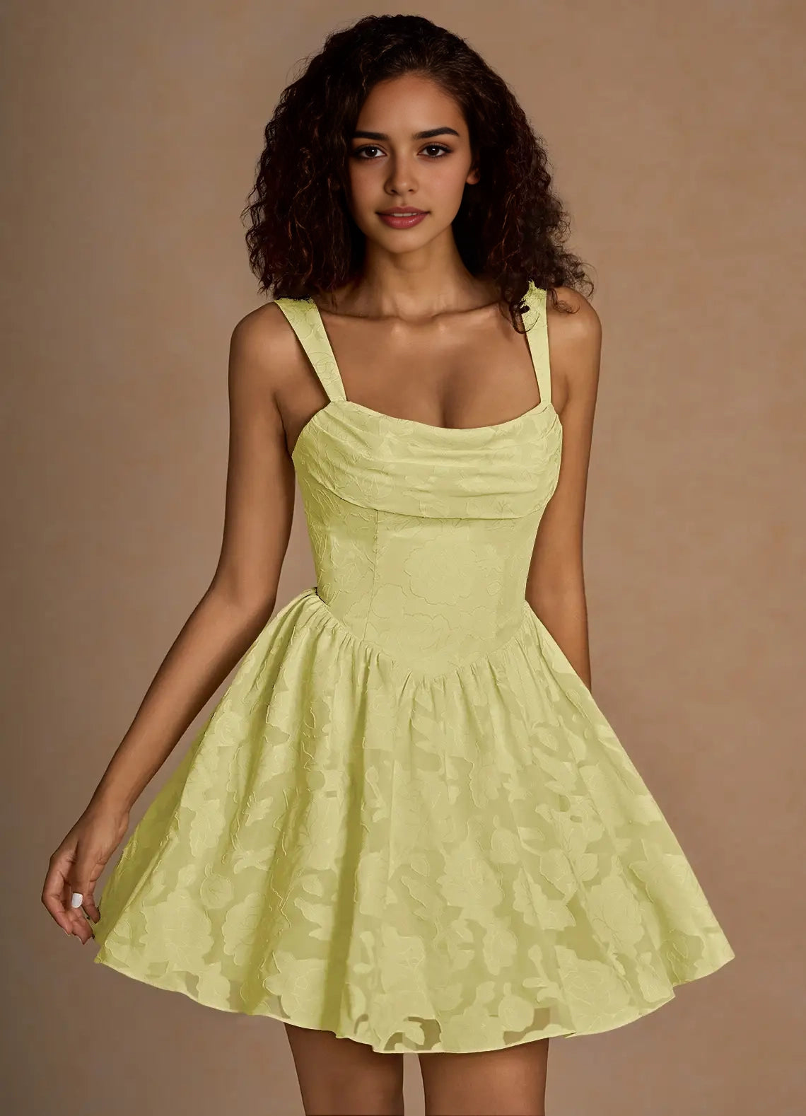 Lemon Yellow Jacquard Mini Dress with Lace - Up Back Ivy Lemon Sorbet Mini Dress Homecoming Dresses