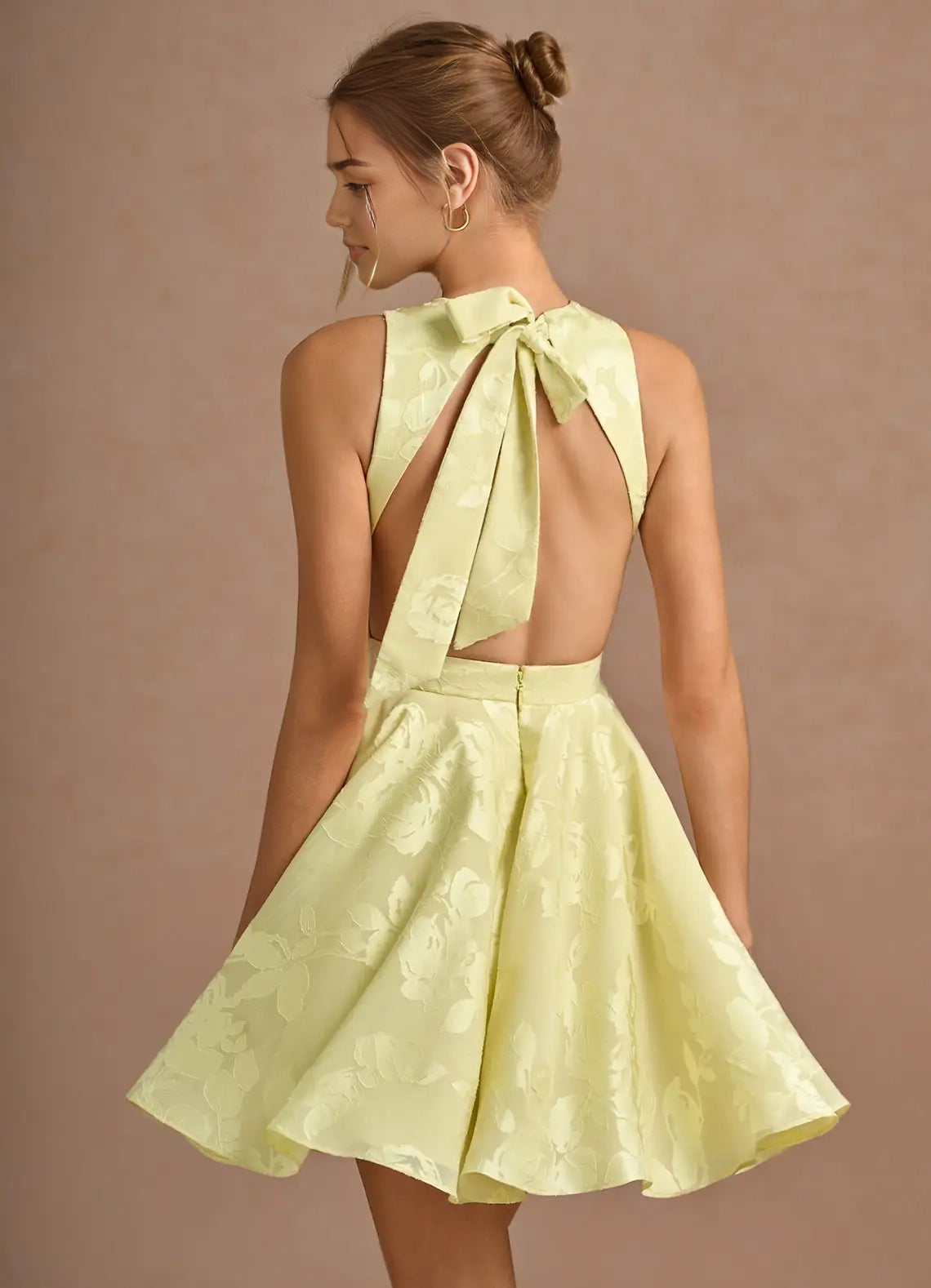 Lemon Yellow Jacquard Mini Dress with Open Back and Bow Detail Leontine Butter Yellow Mini Dress Homecoming Dresses