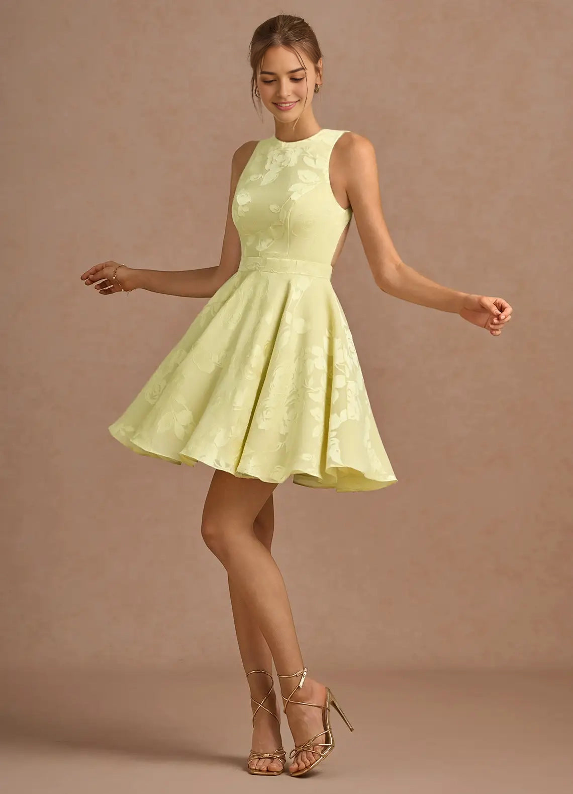 Lemon Yellow Jacquard Mini Dress with Open Back and Bow Detail Leontine Butter Yellow Mini Dress Homecoming Dresses