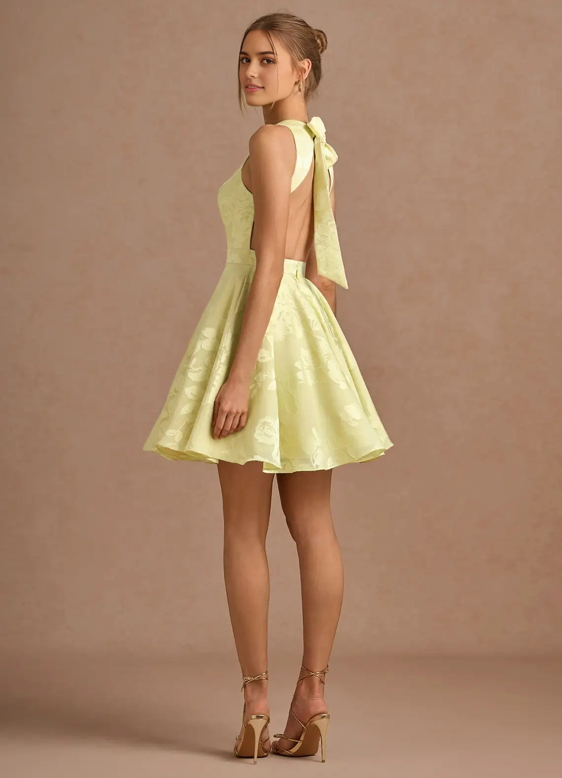 Lemon Yellow Jacquard Mini Dress with Open Back and Bow Detail Leontine Butter Yellow Mini Dress Homecoming Dresses