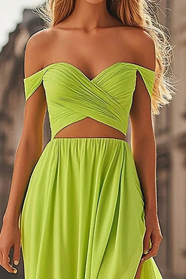 Lemon Green 2-Piece Off The Shoulder Cut Out Prom Dress with Slit simple gentle atmospheric and unique desi Bring summer colors to enhance whiteness