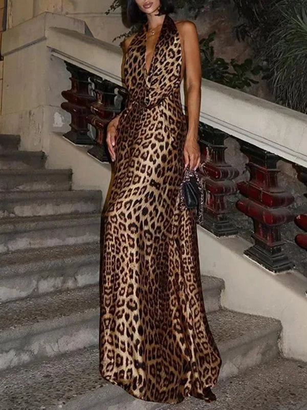 Leopard Sleeveless Haltneck Backless Sexy Maxi Dresses simple gentle atmospheric and unique desi Bring summer colors to enhance whiteness