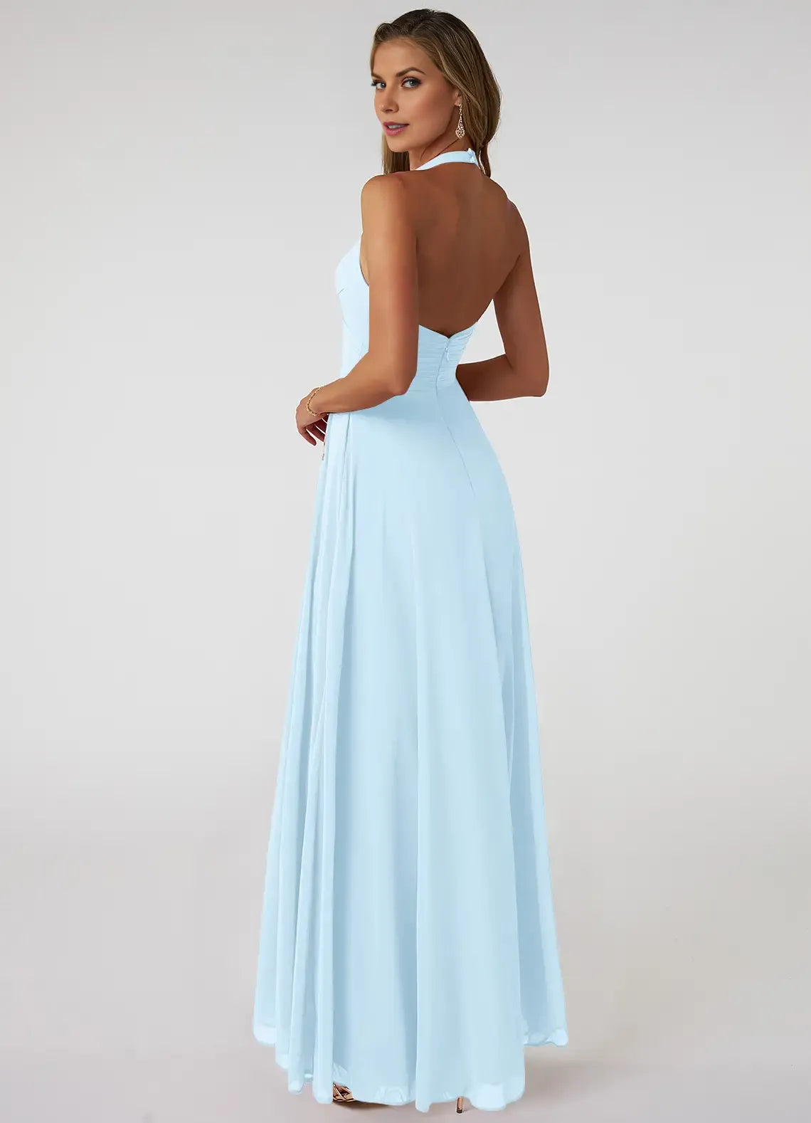 Light A Line Halter V Neck Sleeveless Open Back Floor Length For Sale Evening Dress
