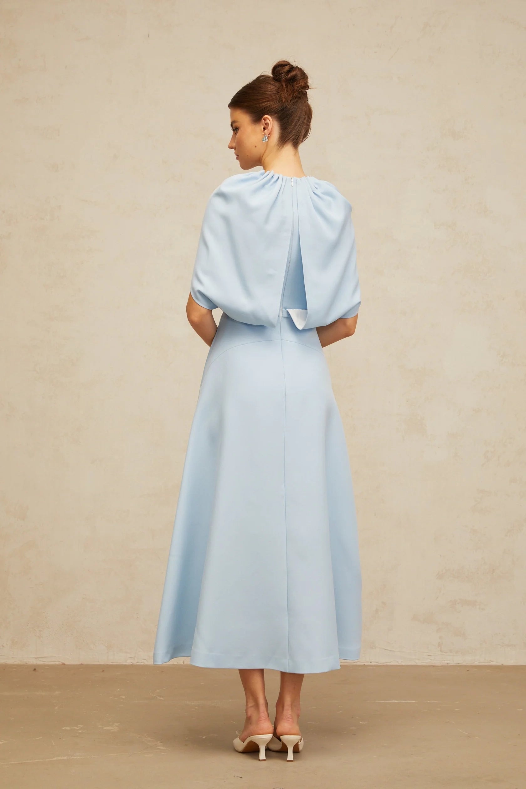 Light Blue Cape - Sleeve Embellished Midi Dress blue shawl-panel embellished midi dress Evening Dress