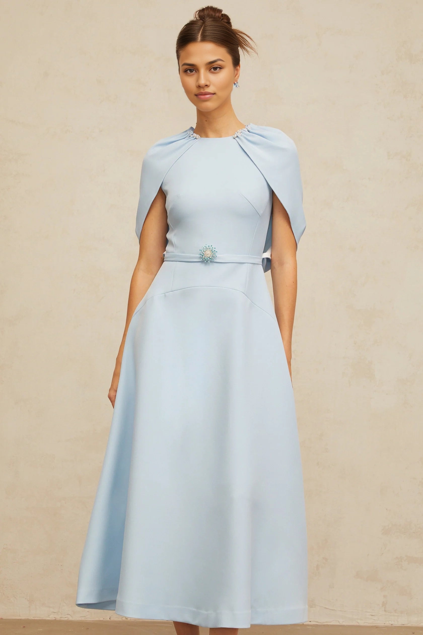 Light Blue Cape - Sleeve Embellished Midi Dress blue shawl-panel embellished midi dress Evening Dress