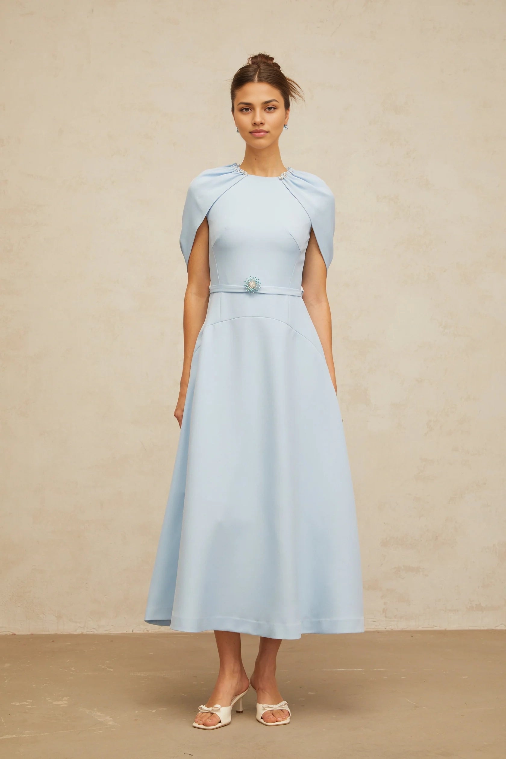 Light Blue Cape - Sleeve Embellished Midi Dress blue shawl-panel embellished midi dress Evening Dress
