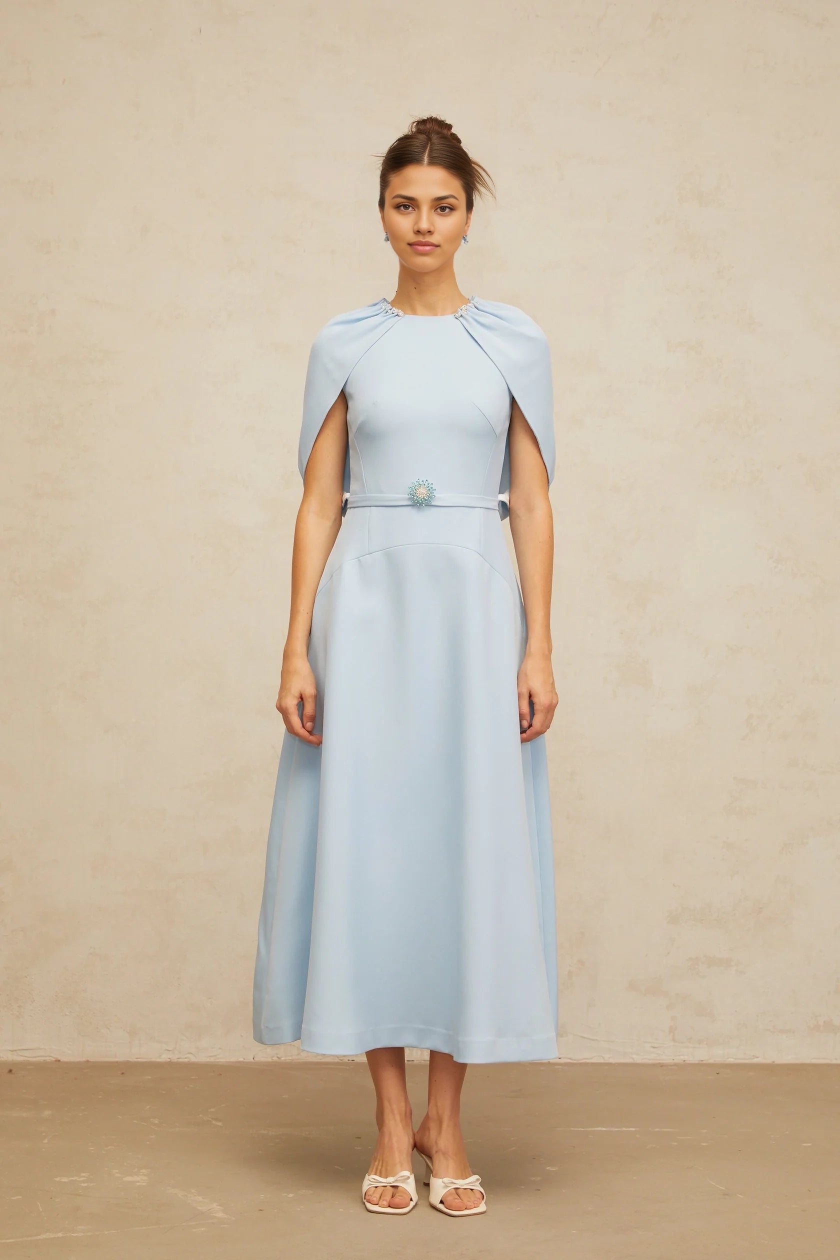 Light Blue Cape - Sleeve Embellished Midi Dress blue shawl-panel embellished midi dress Evening Dress