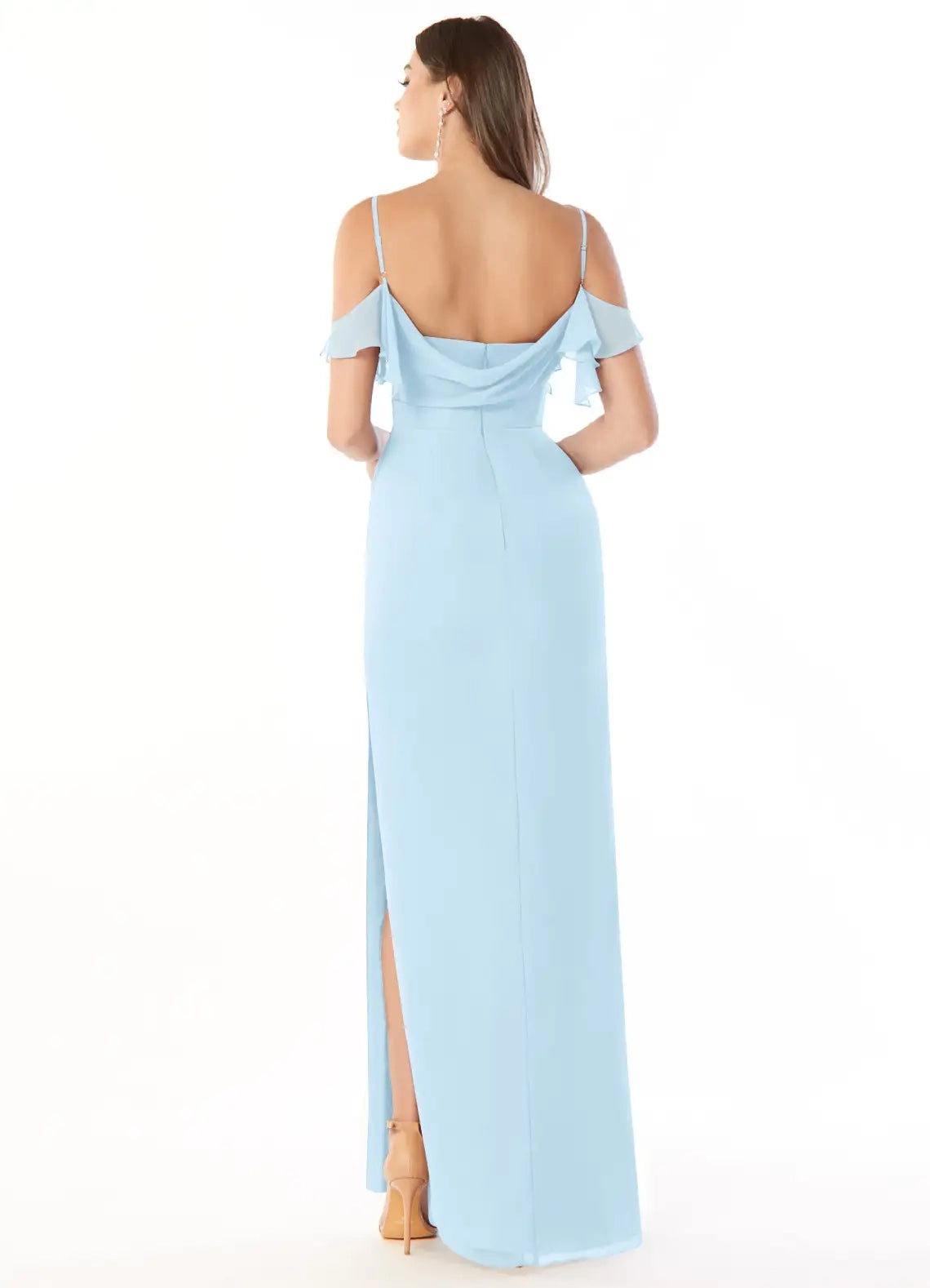 Light Blue Cold-Shoulder Chiffon Evening Gown with Side Slit Sky Blue Sheath Off the Bridesmaid Dresses