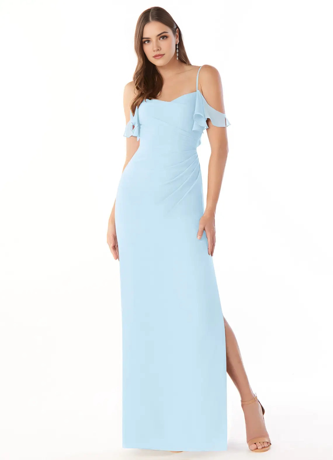 Light Blue Cold-Shoulder Chiffon Evening Gown with Side Slit Sky Blue Sheath Off the Bridesmaid Dresses