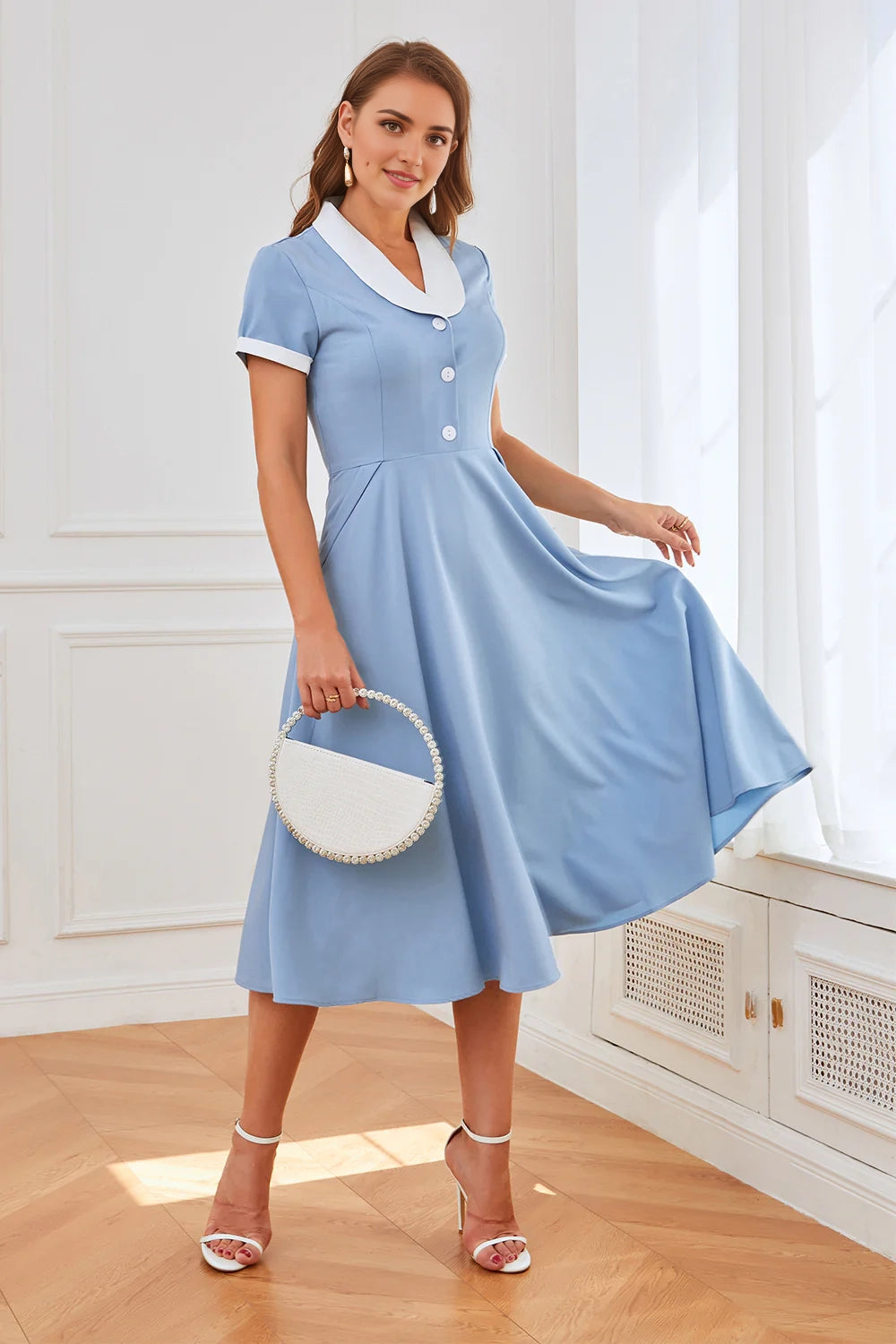 Light Blue Contrast Collar Midi Dress Blue 1950s Swing Dress with Pockets Evening Dress